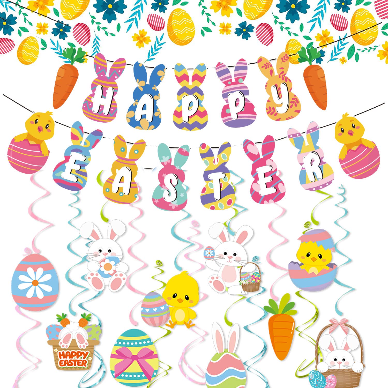 Jwssor Colorful Easter Bunting Banner,41Pcs Hanging Swirls,Easter Hanging Swirls,Easter Egg Bunny Party Decoration,Easter Bunting For Easter Party Decoration