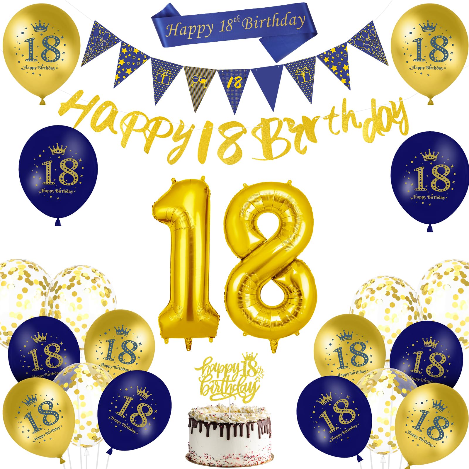 AUAUY 18th Birthday Decorations, Blue Gold Balloon Decoration Set, Include Happy 18th Birthday Banner, Balloons, Sashe, Bunting Flags, Cake Topper, Ribbon, Perfect for a 18th Birthday's Party