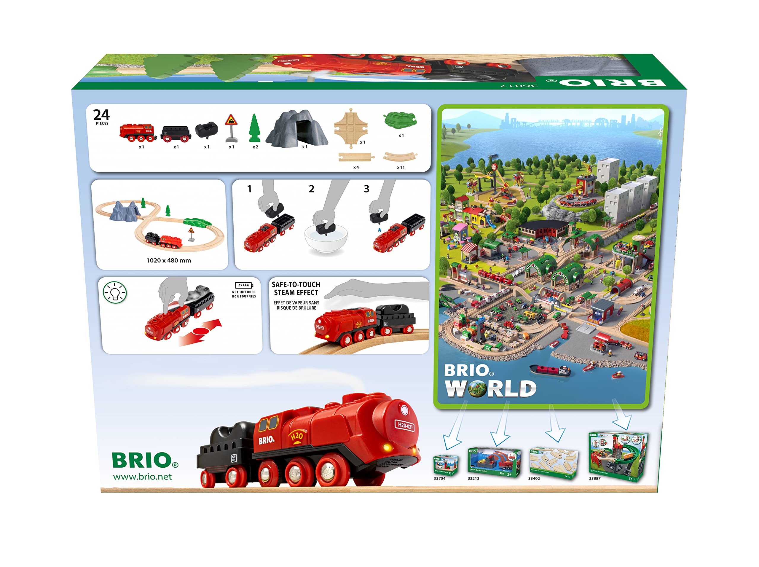 BRIO World 36017 Batterie-Dampflok Set - Aus dem Schornstein der Lokomotive strömt während der Fahrt kalter Wasserdampf - Klassisches Bahn-Acht Layout inklusive Bergtunnel
