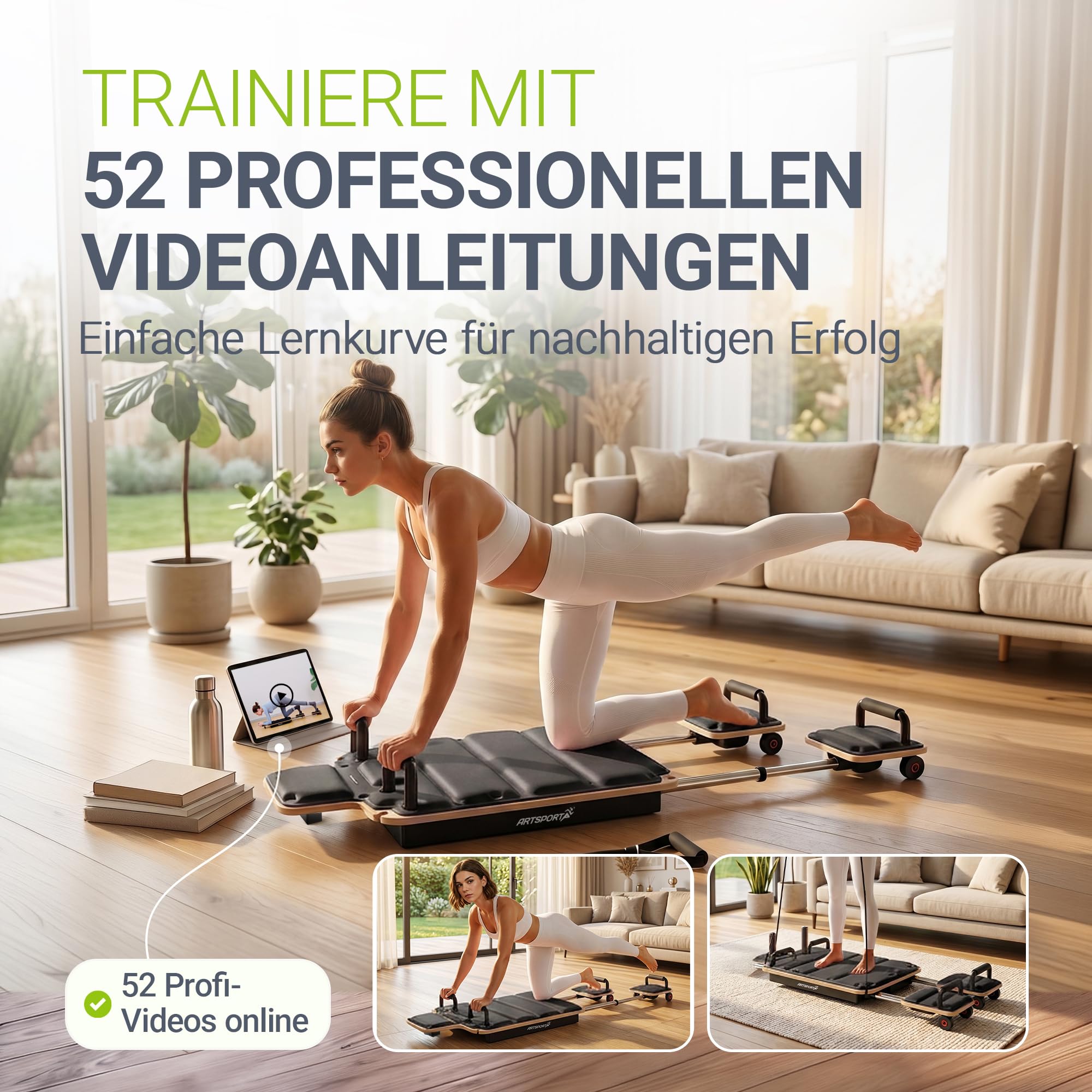 ArtSport Movea Pilates Reformer Board für Zuhause – faltbares Mini-Reformer Pilatesgerät aus Birkenholz & Aluminium, inkl. 6 Trainingsbänder & 4 Griffe, belastbar bis 200 kg