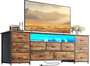 Huuger 63 Inch TV Stand for 65, 70 Inch TV, 11 Drawer Long Dresser with Power Outlets and LED Lights, Entertainment Center with Storage, Rustic Brown Dresser with PU Leather Surface