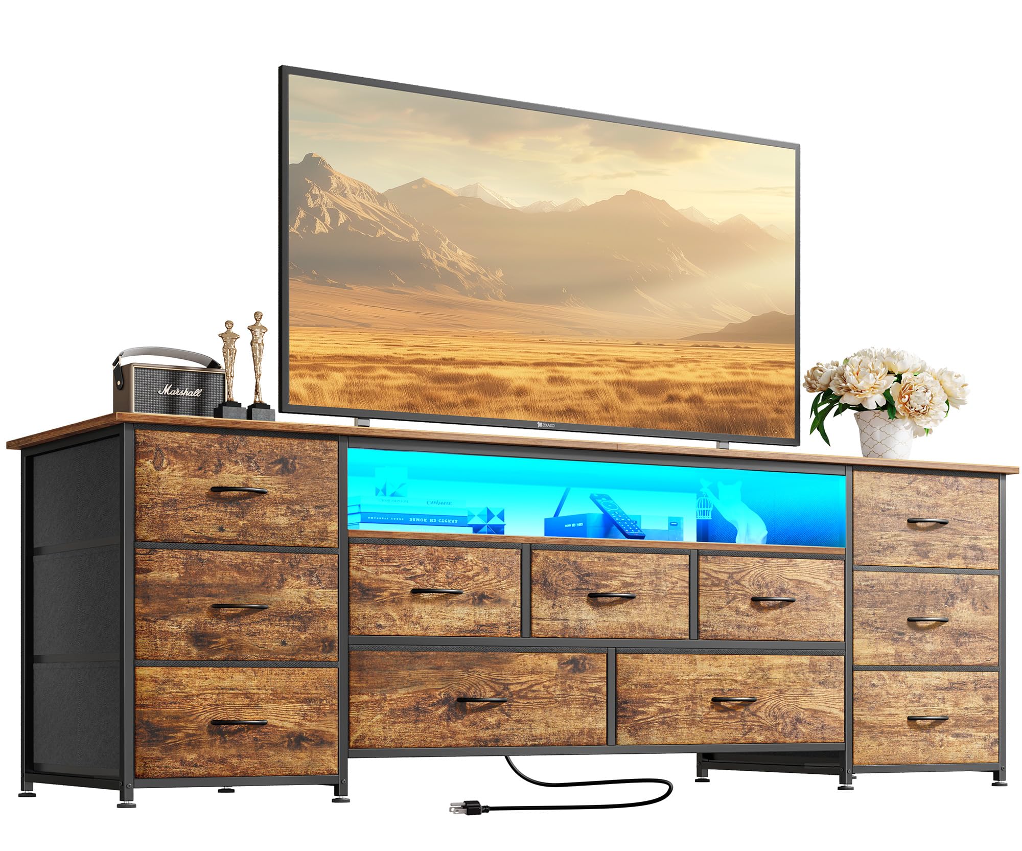 Huuger 63 Inch TV Stand for 65, 70 Inch TV, 11 Drawer Long Dresser with Power Outlets and LED Lights, Entertainment Center with Storage, Rustic Brown