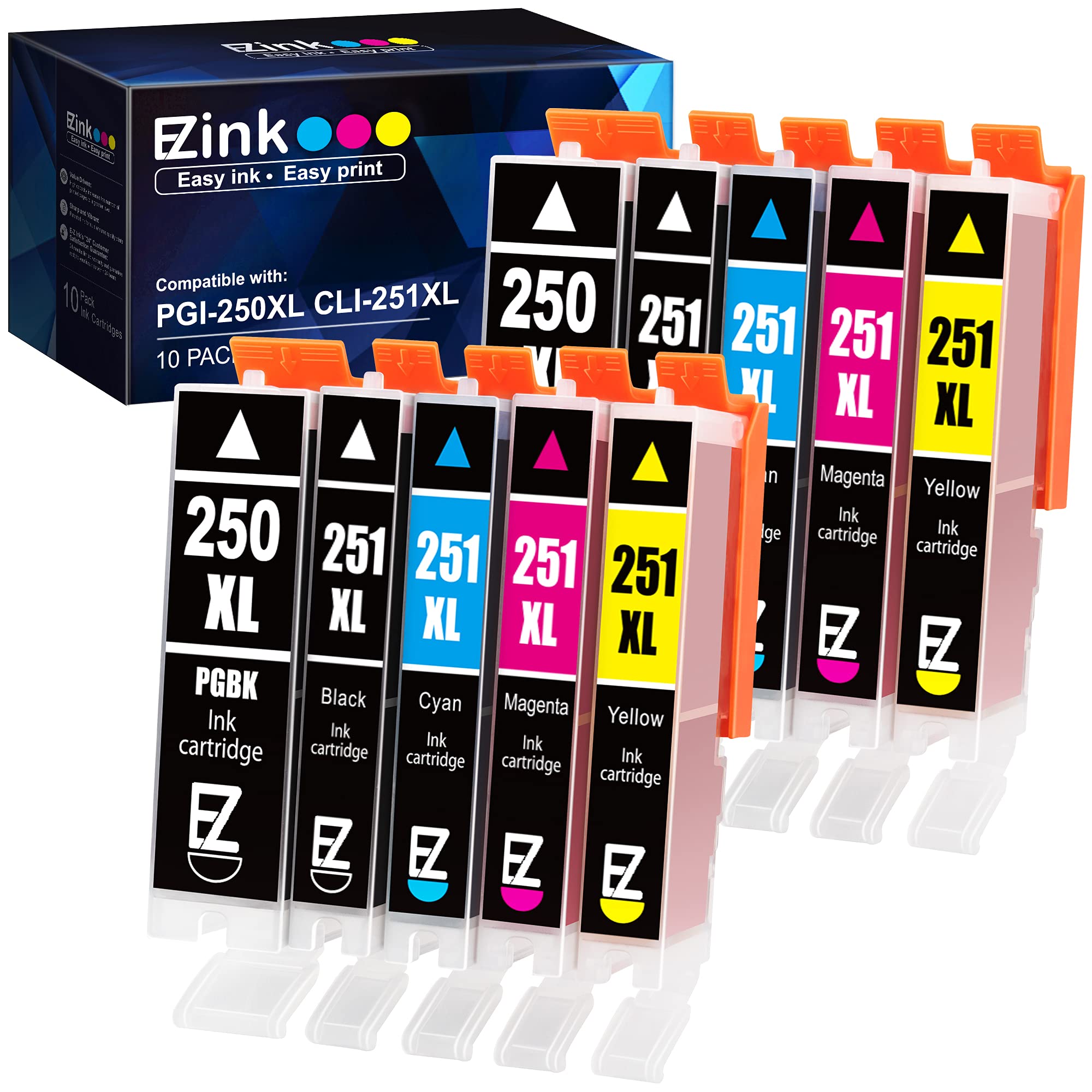 E-Z Ink(TM) Compatible Ink Cartridge Replacement for Canon PGI-250XL PGI 250 XL CLI-251XL CLI 251 XL to use with PIXMA MX922 MG5520 (2 Large Black, 2 Cyan, 2 Magenta, 2 Yellow, 2 Small Black) 10 Pack