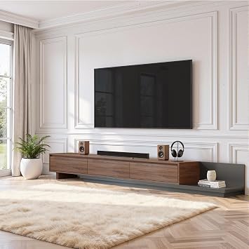 Extendable TV Unit with Storage - Modern TV Stand Cabinet Accommodating Televisions from 65" to 85", Media Unit for Living Room in Walnut Adjustable Length 200-330cm