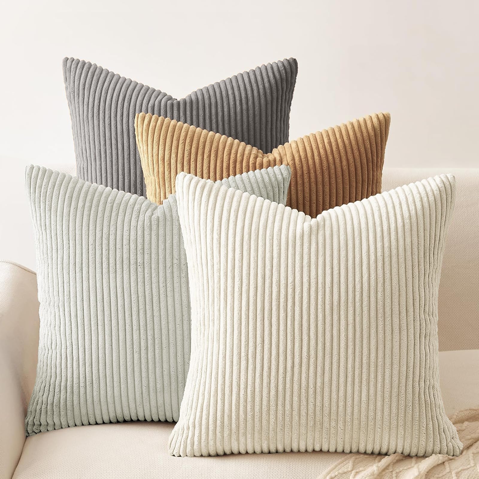 Set of 4 Corduroy Soft Striped Cushion Covers 45x45 cm, Boho Decorative Square Throw Pillow Covers 18x18 Inch with Invisible Zipper for Sofa Couch Bedroom Home Decorative Fluffy Large Pillowcases โ image 1