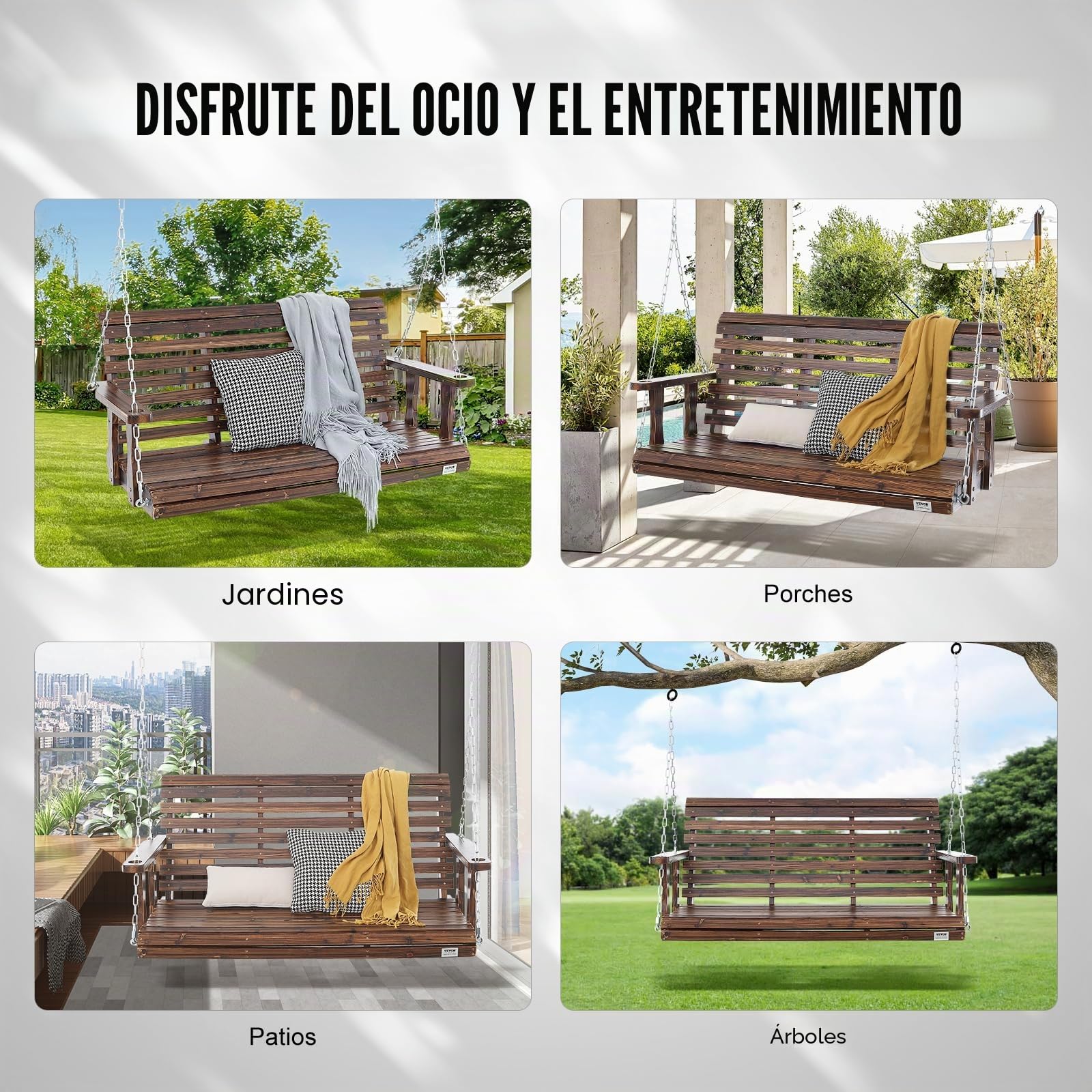 VEVOR Columpio de Madera para Porche de 4,5'', Columpio de Banco para Patio y Jardín, Capacidad de Carga Fuerte Mejorada de 880 Libras, Banco de Silla con Cadenas Colgantes, Marrón Carbonizado