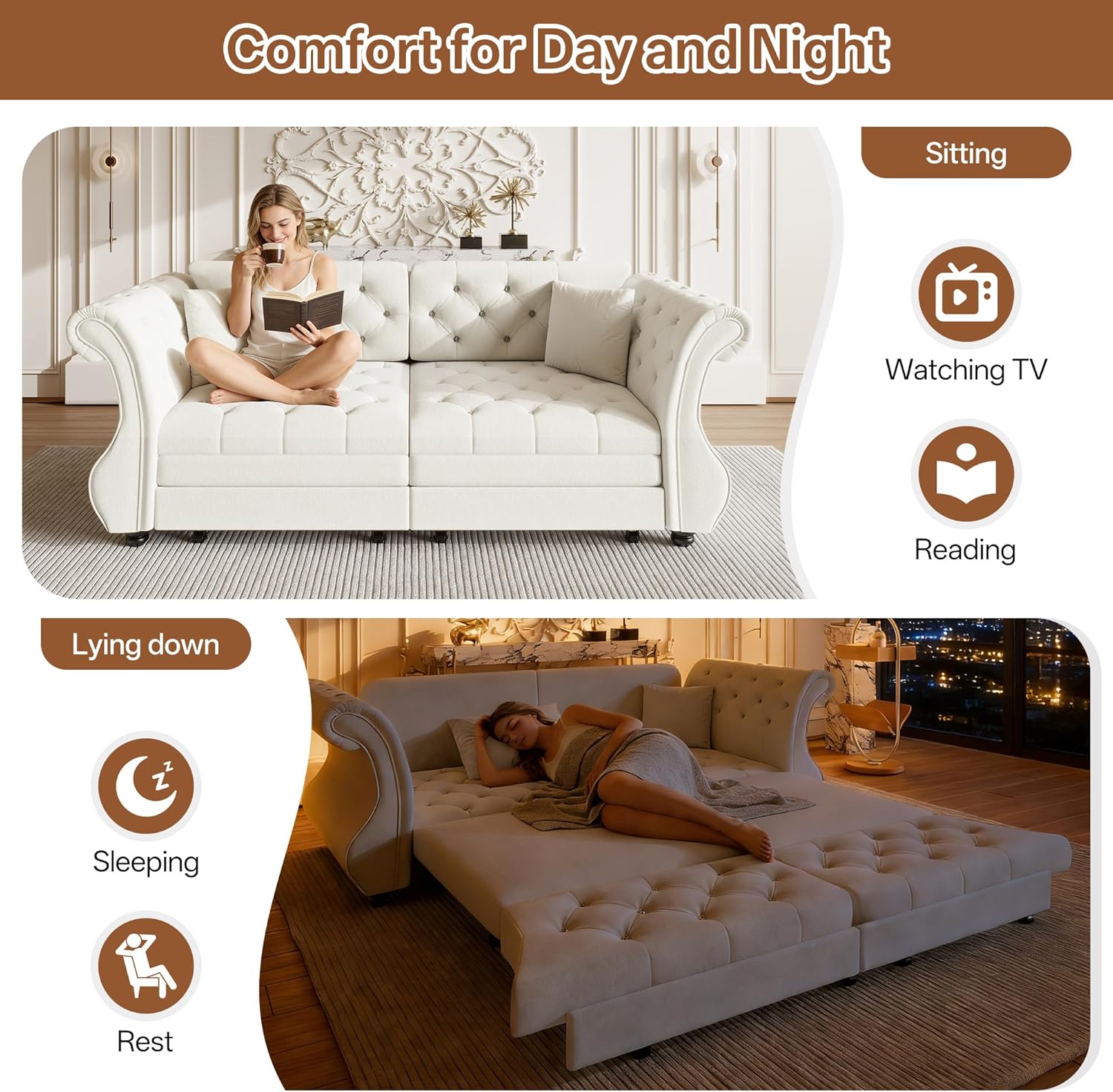83.8" Queen Size Pull Out Sleeper Sofa Bed, 3-Seater Oversized Velvet Convertible Sofa Bed with Handmade Flower Tufted, Deep Seat Loveseat Couch with 2 Pillows, Couches for Living Room, Beige/White