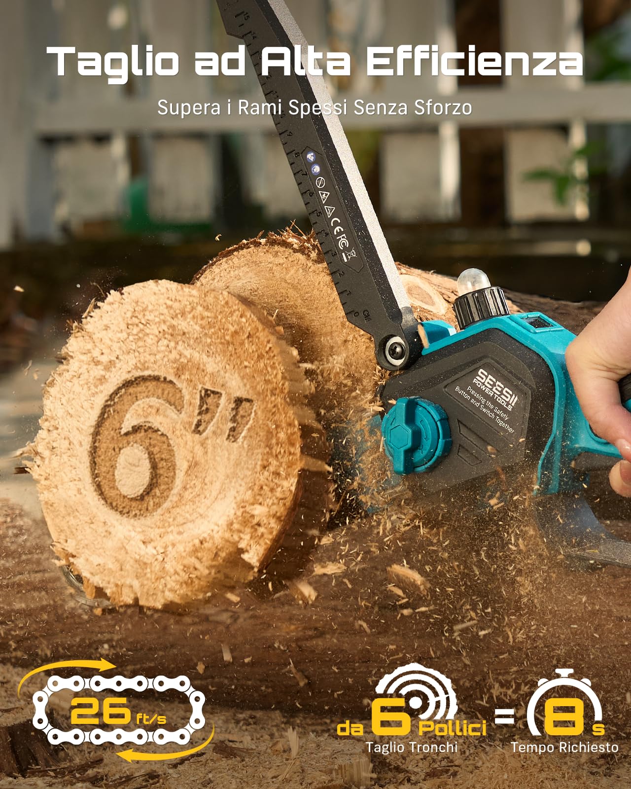 SEESII 2-in-1 Potatore Telescopico a Batteria, 6 Pollici Mini Motosega Brushless con 2 x 4000 mAh Batterie, Portata 4,87 m, Ideale per Esterno e Giardinaggio