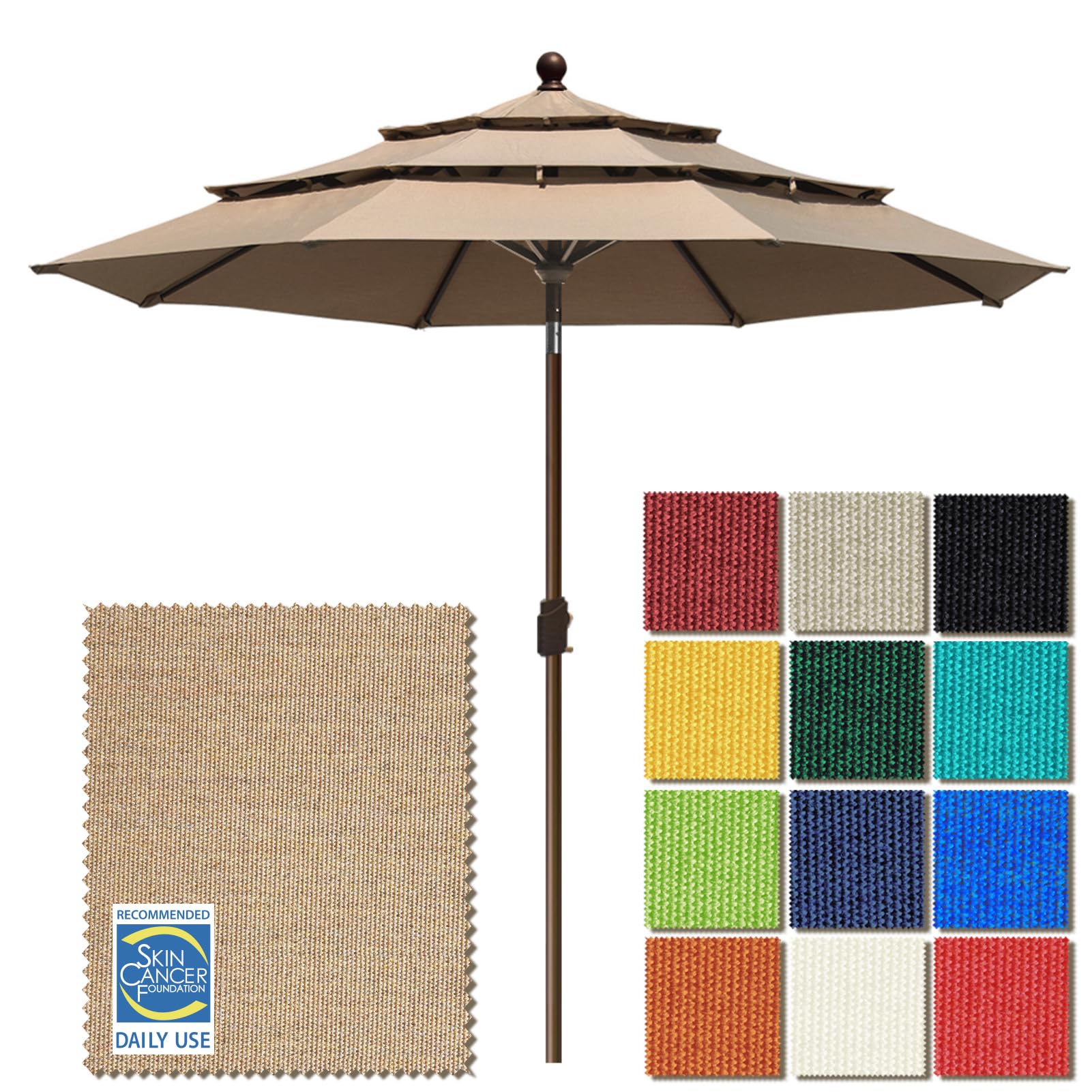 EliteShade USA 10-Year-Non-Fading 9Ft 3 Tiers Market Umbrella Patio Umbrella Outdoor Table Umbrella with Ventilation, Heather Beige