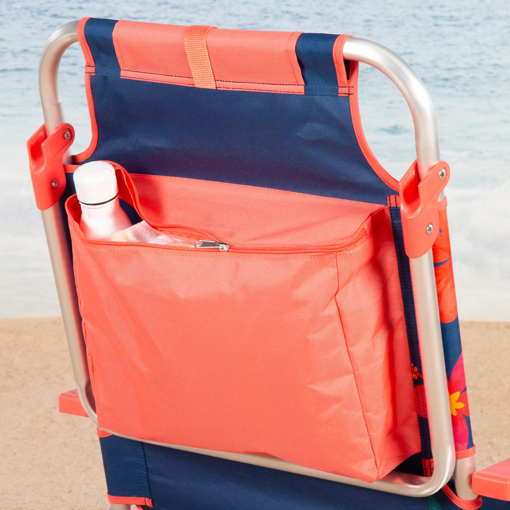 AKTIVE Silla de playa plegable reclinable, 50x54x80 cm, 5 posiciones, Reposacabezas acolchado, Bolsillos y asas mochila, Silla baja playa, Resistente hasta 110 kg (62512)
