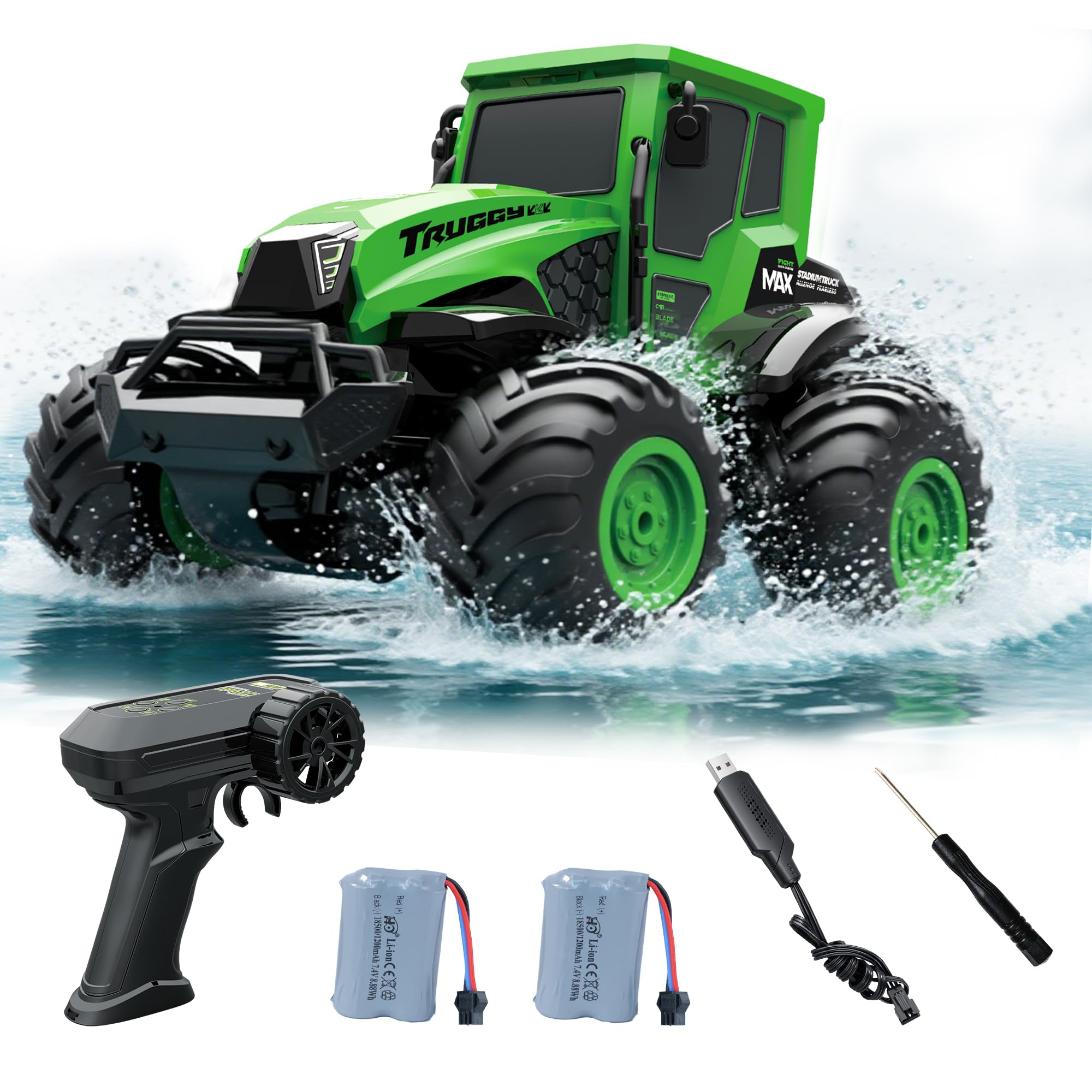 Macchina Telecomandata per Bambini dai 6 Anni, Monster Truck Telecomandato Anfibio 4x4 IPX7, Auto RC 1:14 con 2 Batterie 90 Min, Rotazione 360°, Idea Regalo Bambino 6-10 Anni