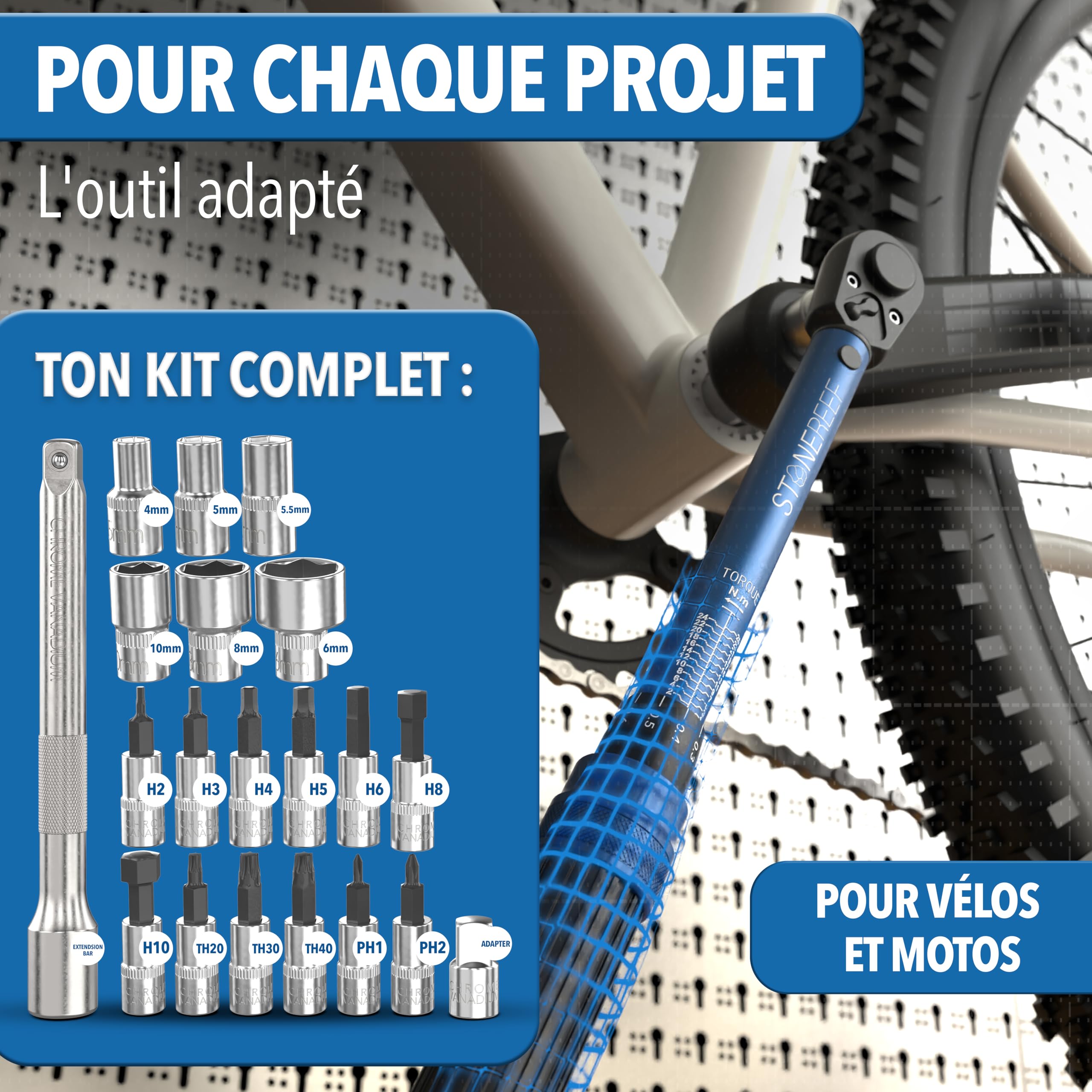 STONE REEF Clé dynamométrique [21 pièces avec ] 1/4" 1-25 nm – Jeu de clés dynamométriques pour vélo 1-25 nm torque cliquet