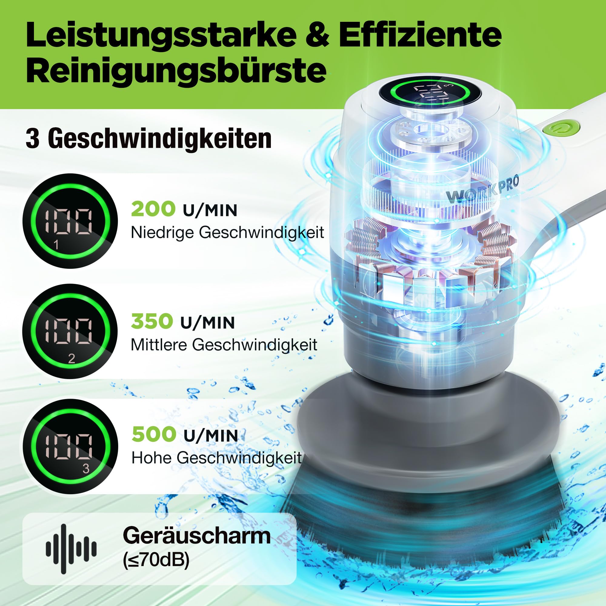 WORKPRO Elektrische Reinigungsbürste 8V, Akku Reinigungsbürste | Kabellos Spin Scrubber, 6 Bürstenköpfen & 3 Geschwindigkeiten, Leistungsanzeige, USB-Ladung, für Bad, Küche, Fenster