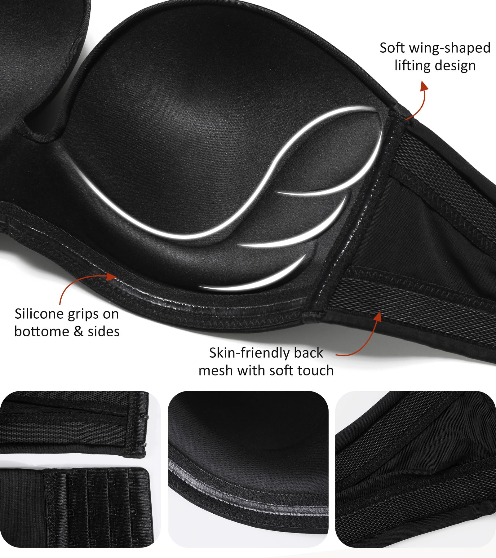 Lemorosy Brasier sin Tirantes para Mujer, sin Varillas, con Relleno, Antideslizante, Invisible, sin Tirantes, Negro Puro, 85A