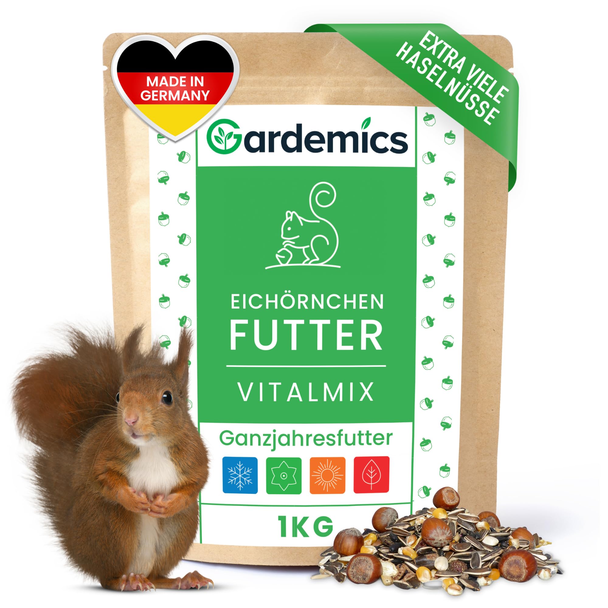 Gardemics Eichhörnchen Futter mit extra vielen Haselnüssen [1kg] I Artgerechtes Eichhörnchenfutter ohne Erdnüsse I Ganzjahresfutter für Eichhörnchen & Streifenhörnchen
