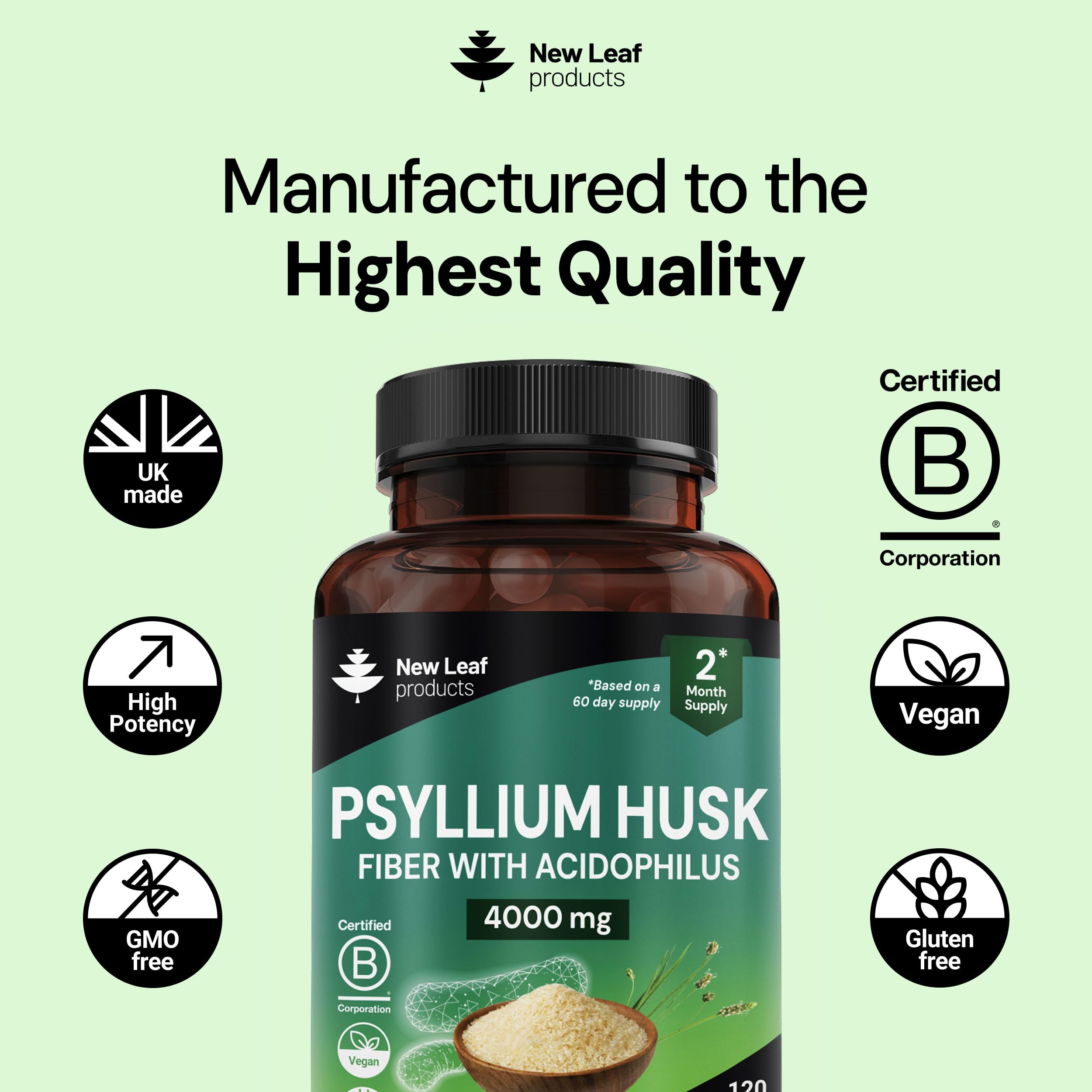 New Leaf Products Psyllium Husk Capsules Enriched with Acidophilus Fibre Supplement High Absorbency Strength Contributes Towards Gut and Digestive Health from Plantago Ovata Seeds, Ispaghula Husk — Amazon image 5