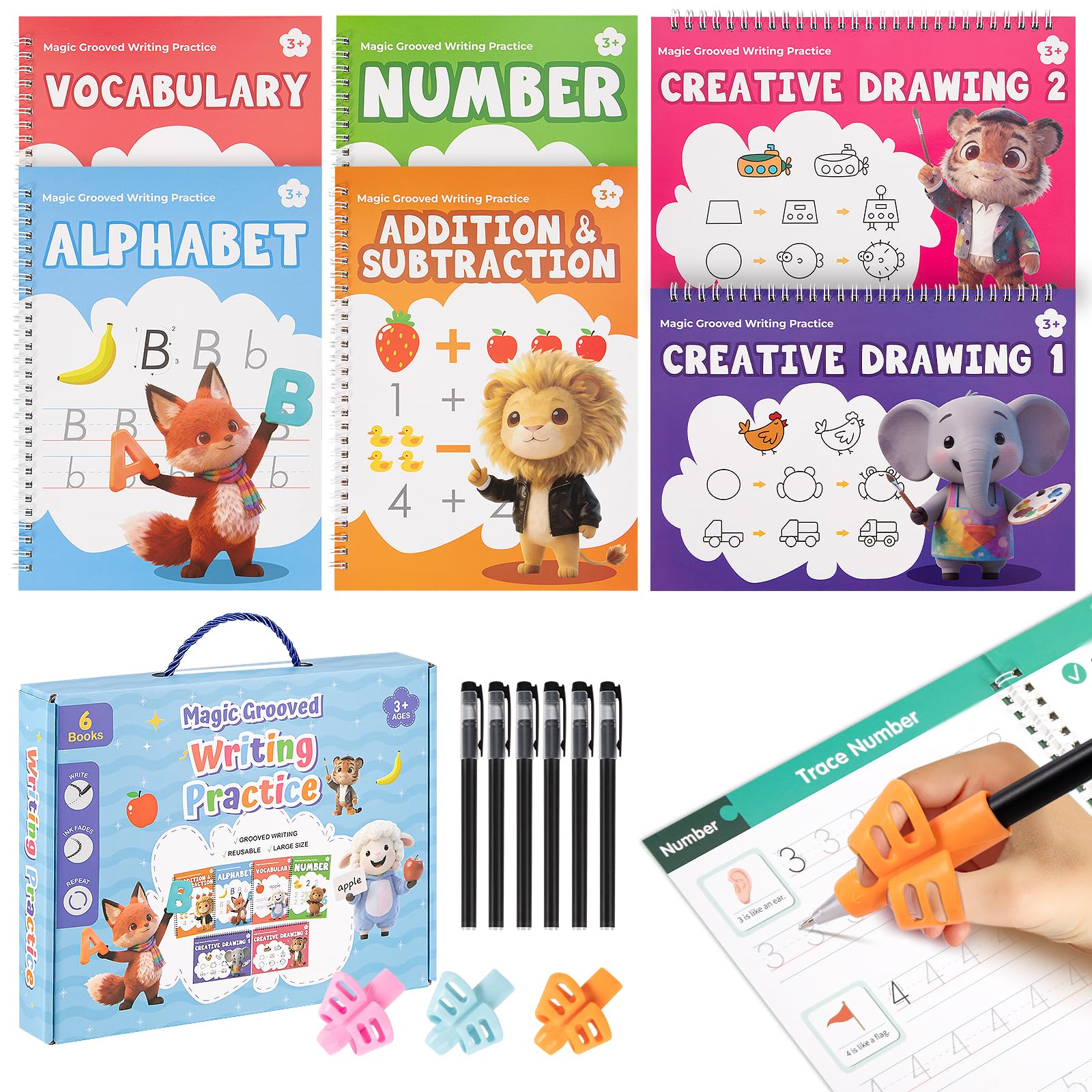 Photo 1 of Magic Grooved Writing Practice Books, Reusable 3D Grooved Handwriting Practice for Kids Ages 3-5, Disappearing Ink Pens & Grips, Perfect Educational Gift
