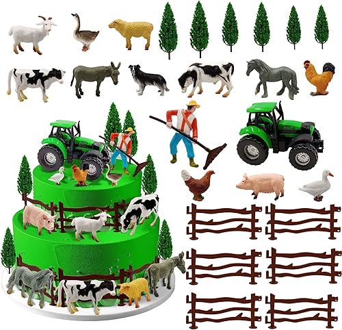 Juego de 26 piezas de mini decoración de tractor de animales de granja con cercas de granjero de árboles, vaca, cerdo, oveja, figuras de tractor,