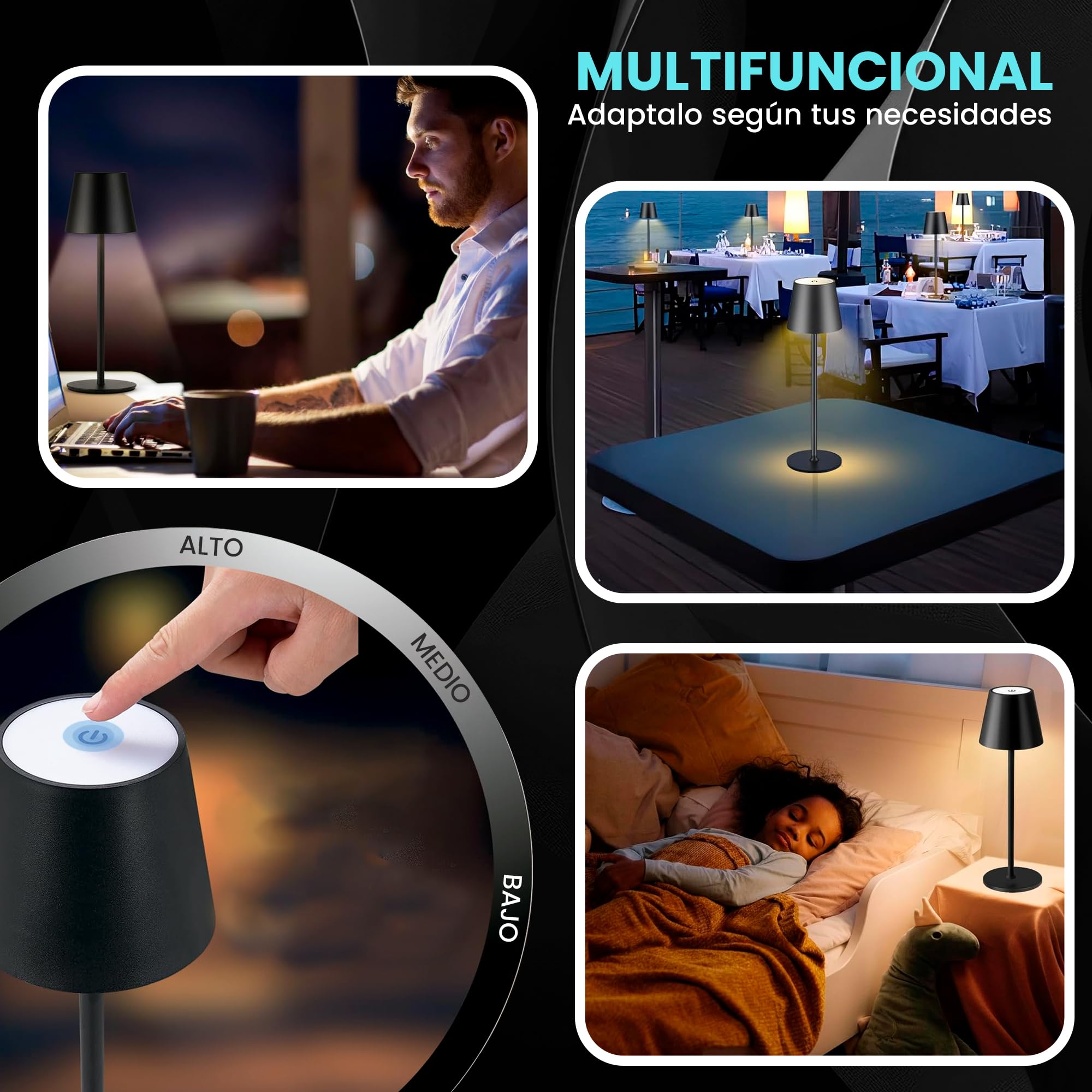 PACK AHORRO 2 Lámparas LED de Mesita de Noche Color Negro para Dormitorio sin Cables I Lámpara Táctil de Mesa de Lectura Recargable I 3 Modos de Luz con Brillo y Altura Ajustable.
