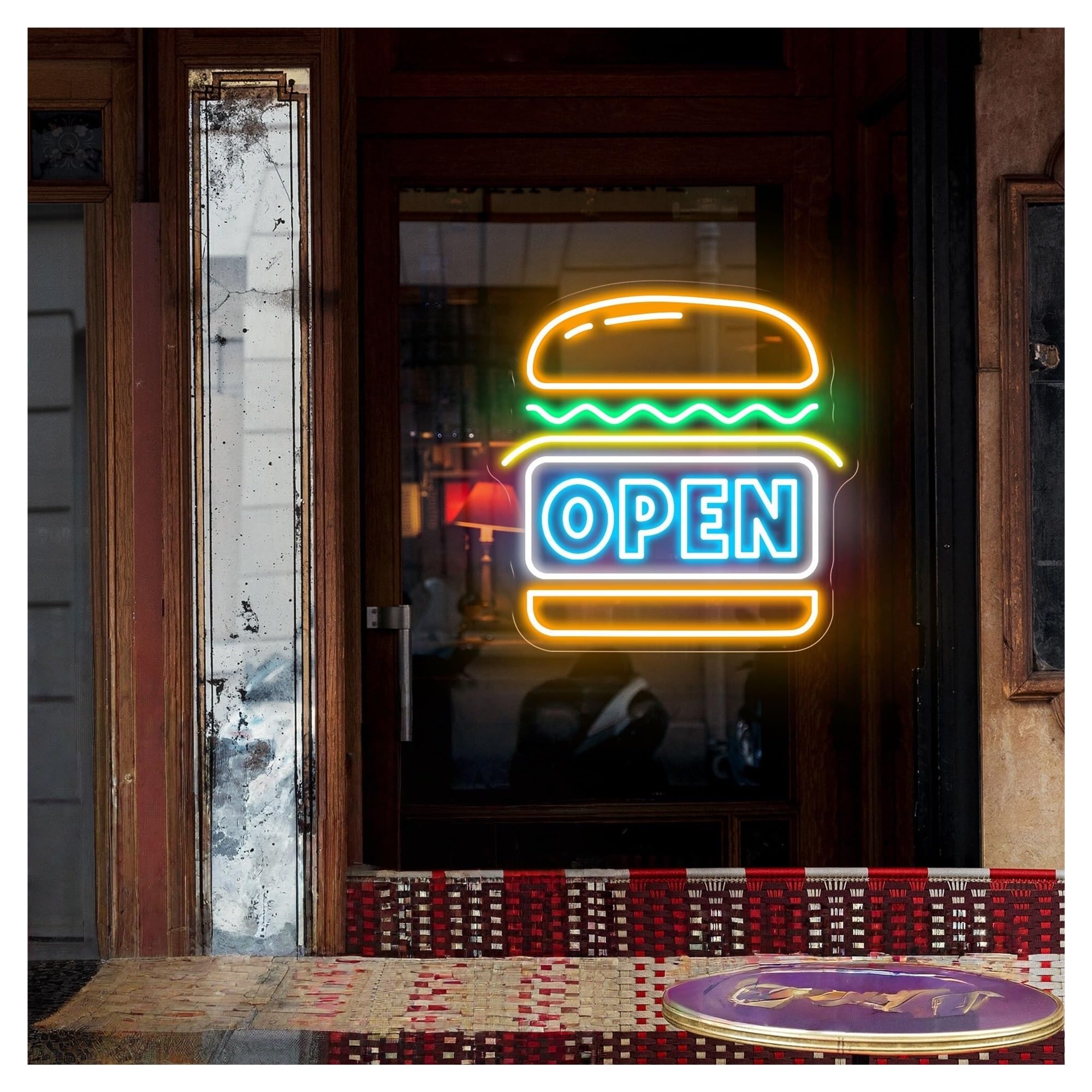 SHOUXI Sign Lamp Burger Open Neon Sign Hamburger Light, for Restaurant Home Wall Decor Welcome 50cmx50cm(C)