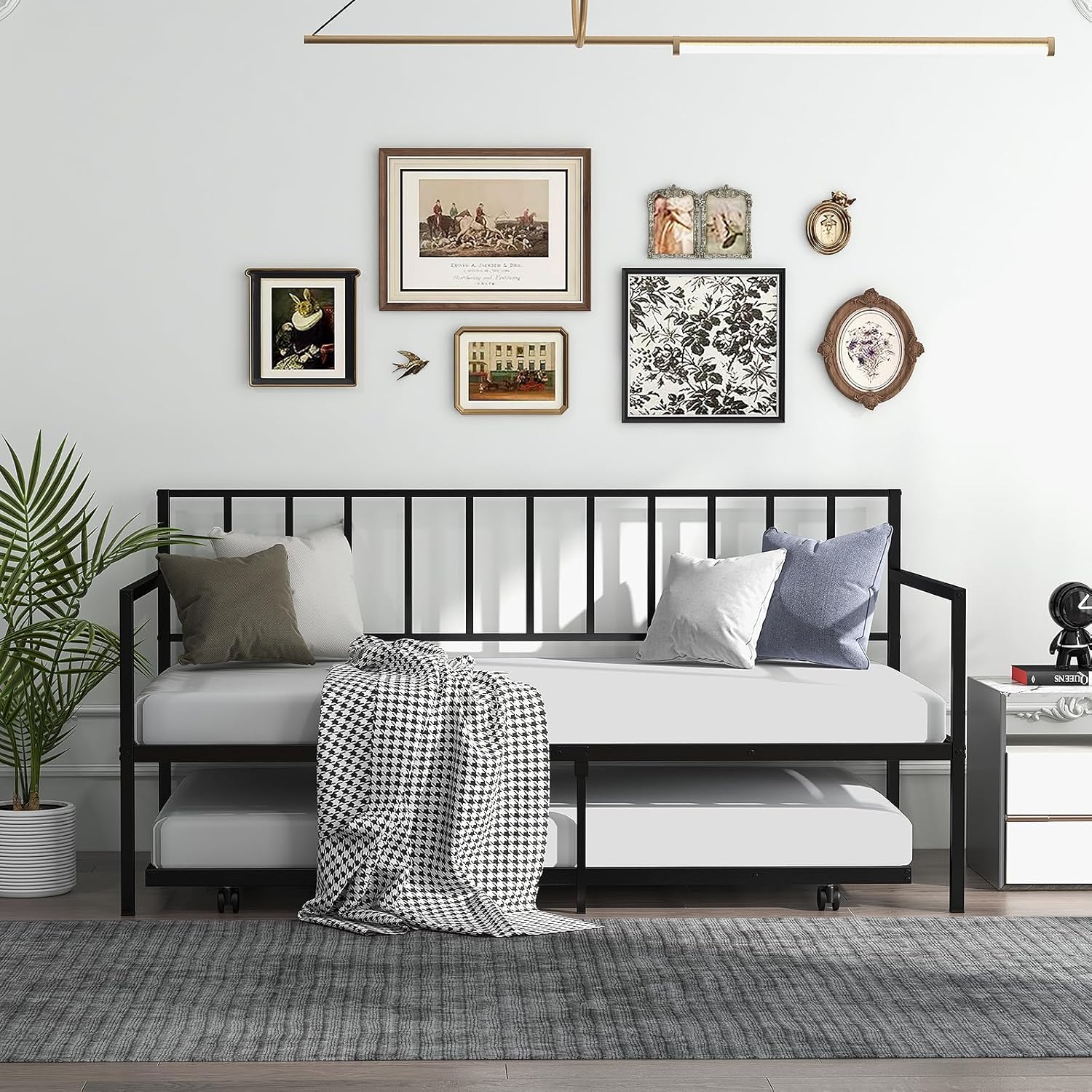 Daybed with Trundle, Metal Twin Bed Frame & Roll Out Trundle with Heavy Duty Slat Support, 4 Lockable Casters, Space-Saving Sofa Bed Frame for Living Room, Bedroom, Guest Room