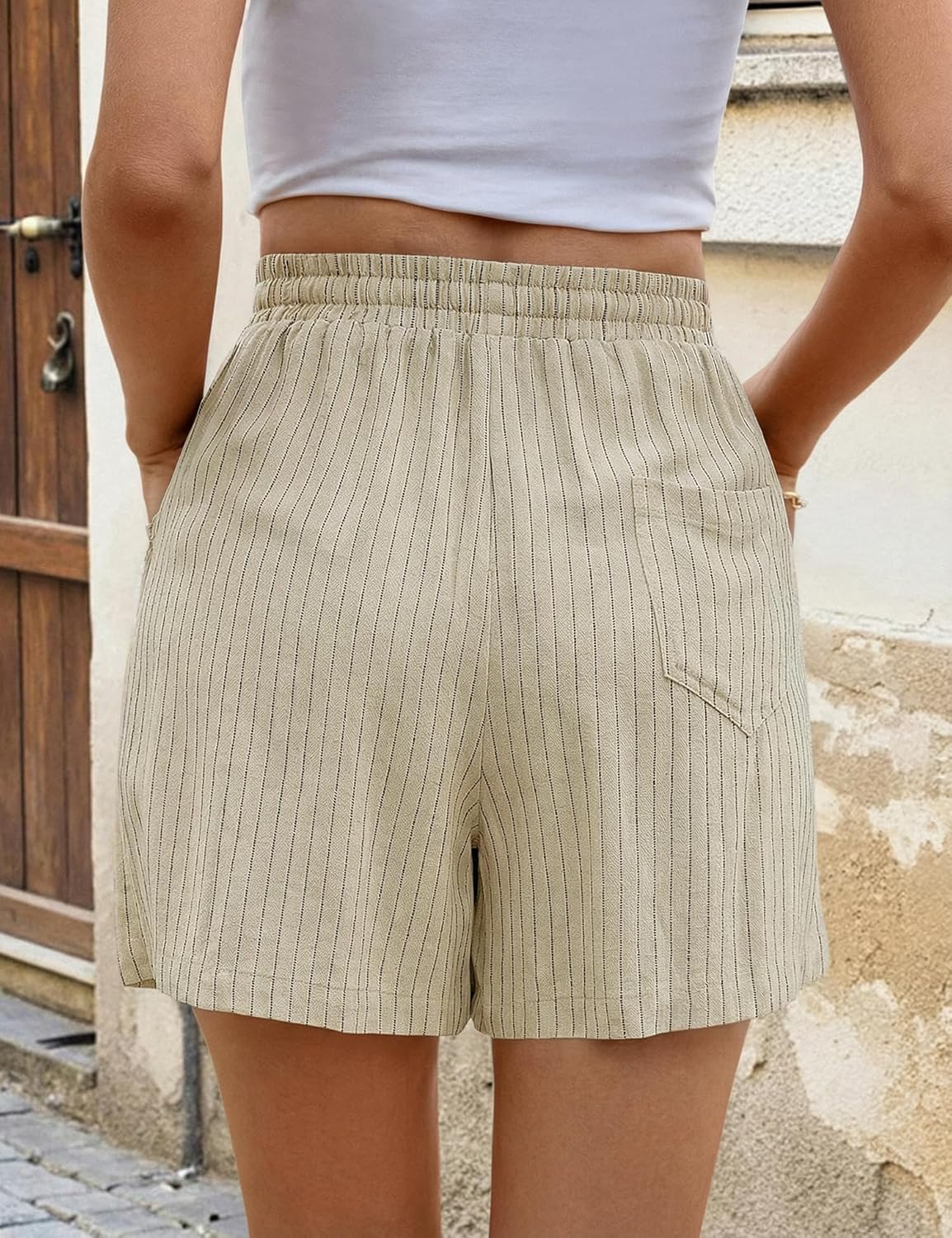 AKEWEI Linen Shorts Women Casual Wide Leg High Waisted Summer Pants Comfy Elastic Waist Drawstring Shorts with Pockets - Image 5