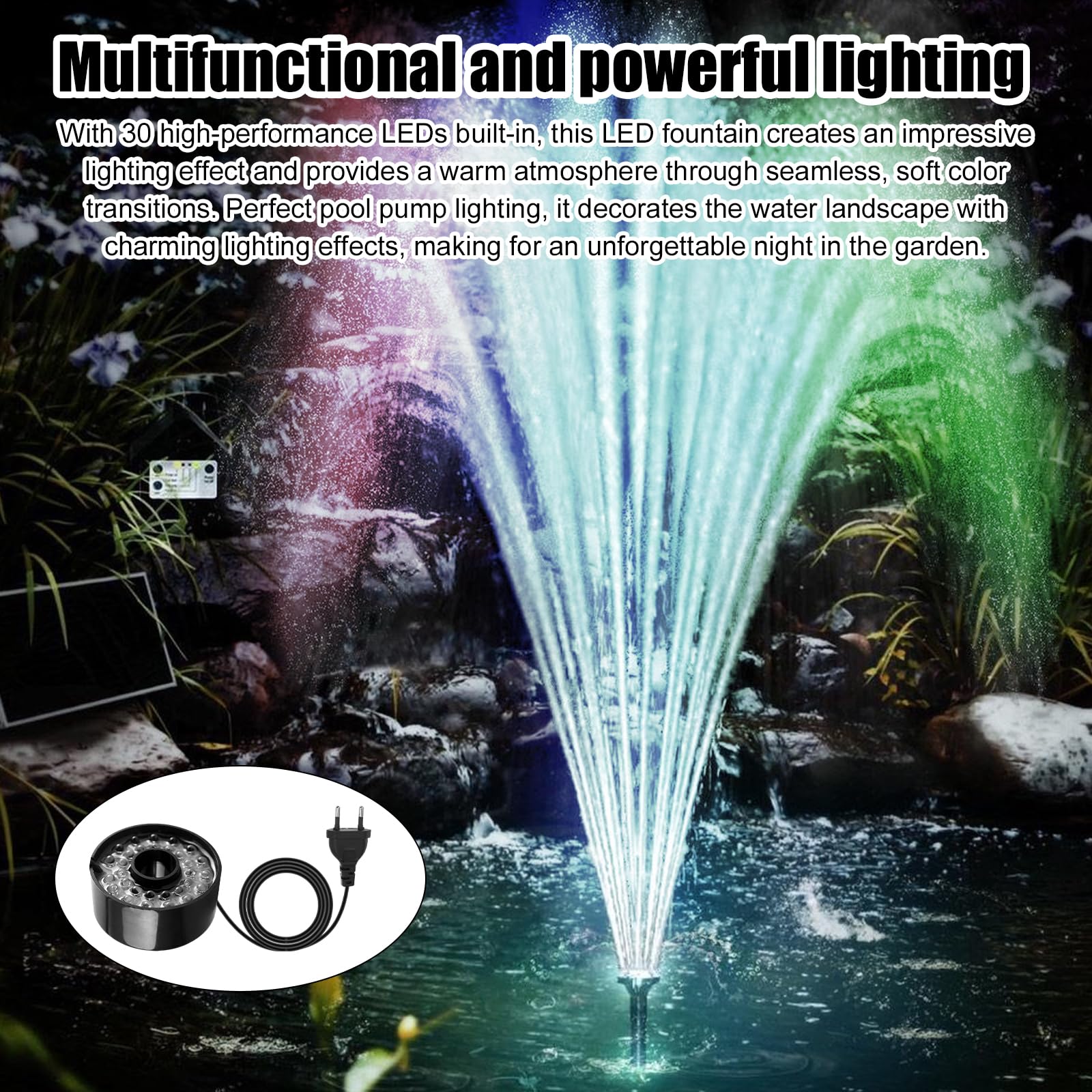 Luces Per Fontanas Ad Anello A LED,30W 220V 7 Colores Luce Per Fontana A LED Ad Anello,Luce Subacquea Per Fontana Per Fontane Da Giardino O Giochi D'acqua,Impermeabile IP68,Lunghezza Del Cavo 2,9M