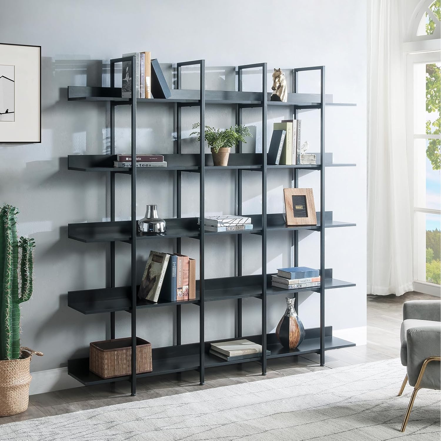 Wood Bookcase and Bookshelves Triple Wide 5-Tiers Large Open Shelves Multi Functional Room Divider Bookcases with Back Fence for Home Office (Black Frame with Black Shelf)