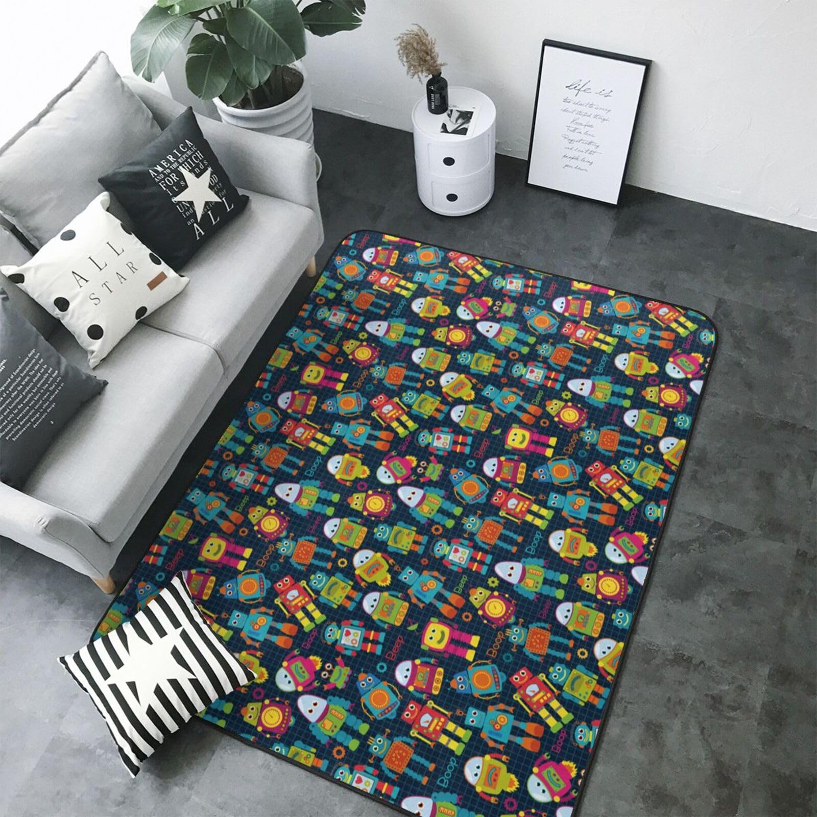 Tapis de salon antidérapant et lavable motif robot 203x147 cm