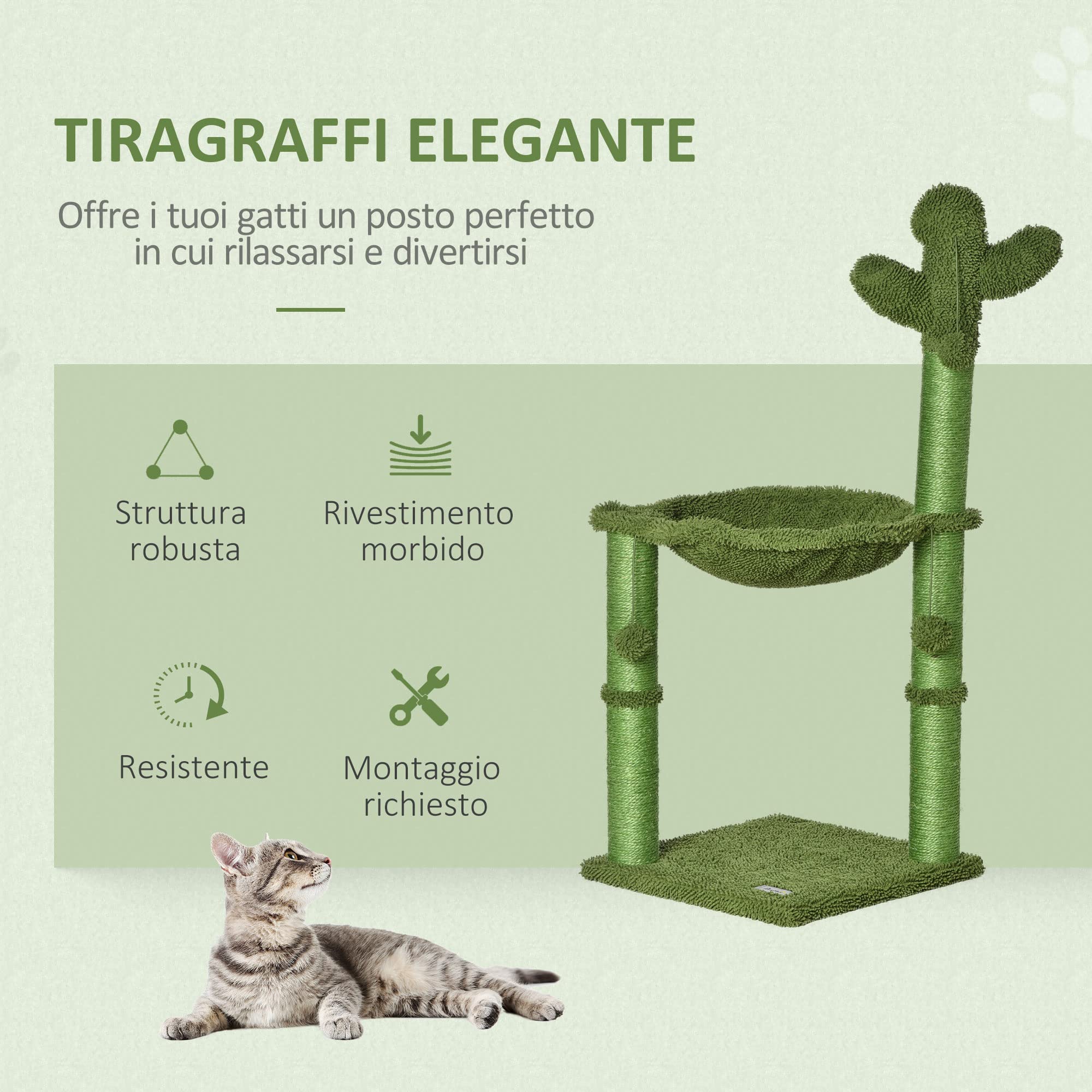 PawHut Albero Tiragraffi per Gatti Adulti e Gattini a Forma di Cactus con Corda Sisal, Palline e Amaca, Altezza 96cm, Verde