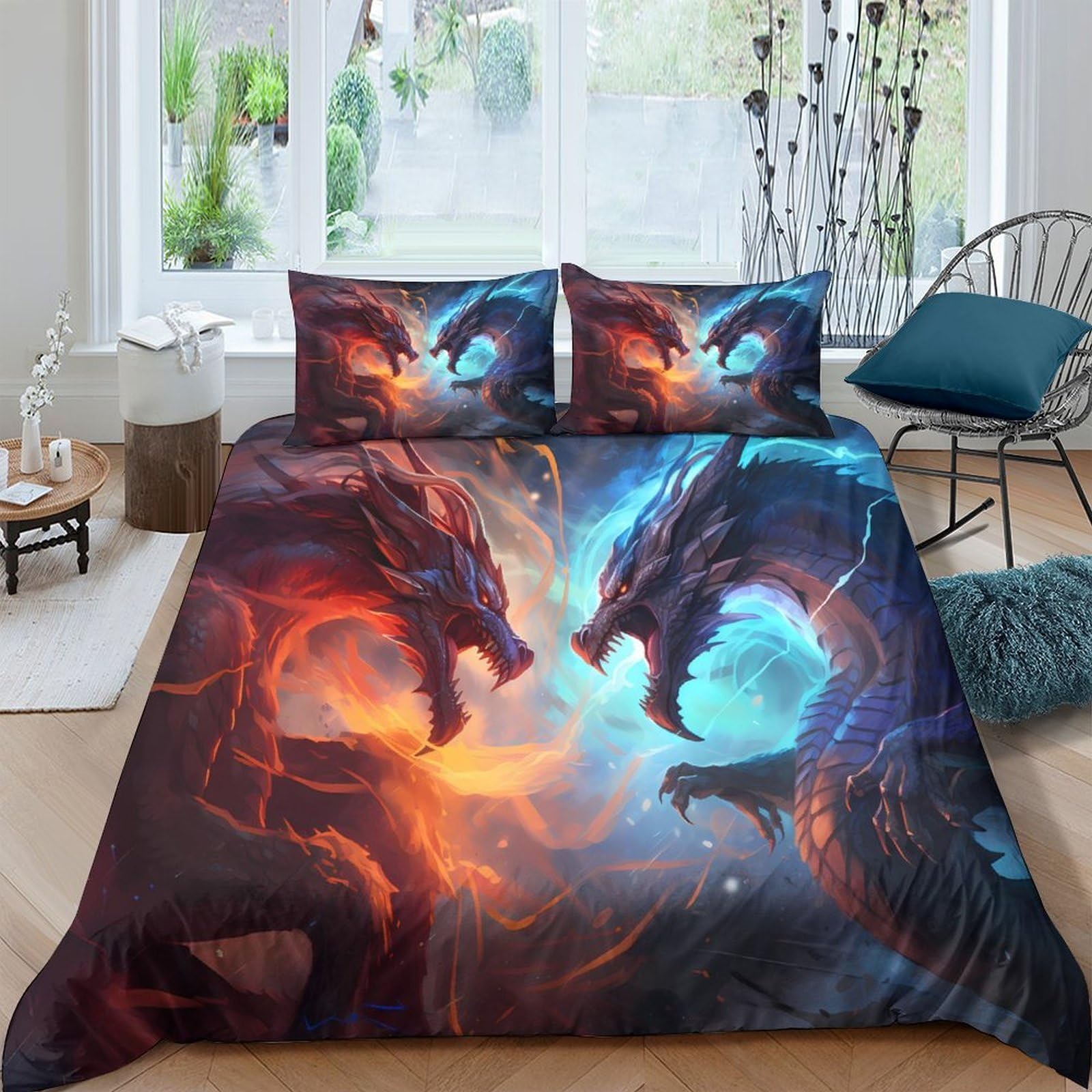 Ctjqhvkz Style-4 3D Printed Fire Dragon Fitted Sheet Microfiber Soft Breathable Ice Dragon Mattress Cover For Bedroom Dorm Bed Decor Single（135X200cm）