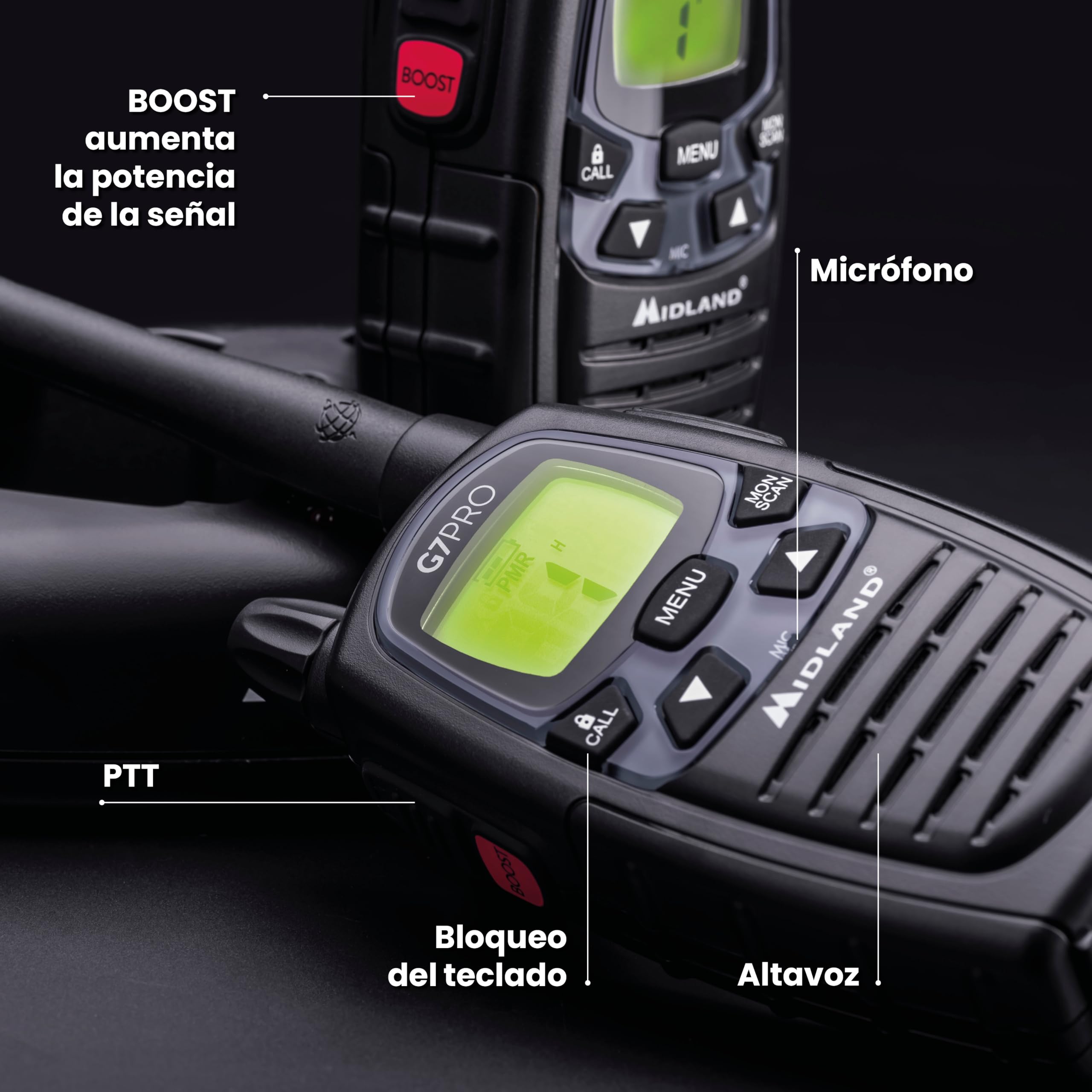 Midland - Walkie Talkie Profesional Largo Alcance G7 PRO, 2 Radioaficionados Softair y Outdoor, 85 Canales - 16 PMR446/69 LPD Sin Licencia, Cobertura 10Km, Autonomía 18H, Pilas Recargables, Accesorios