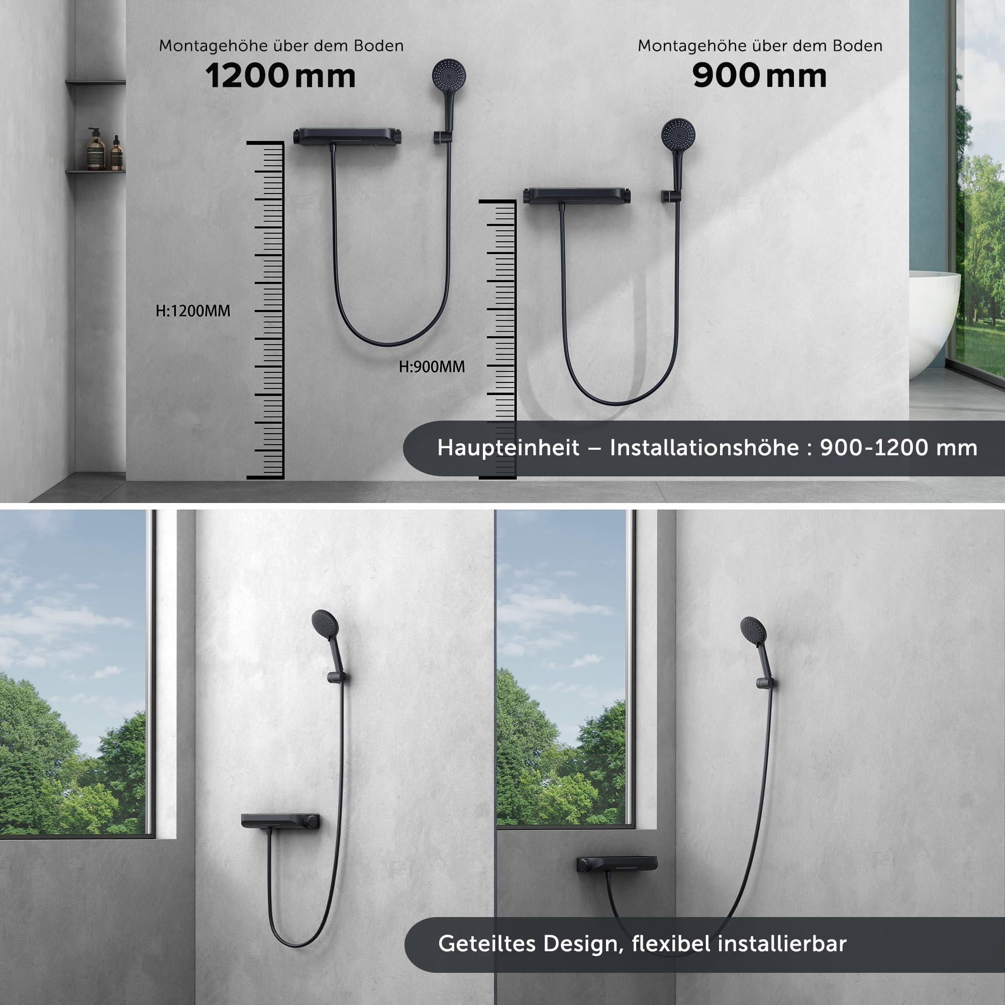 doporro Thermostat Badewannenarmatur mit Handbrause Matt Schwarz | Wannenarmatur aus Messing, Wannenthermostat 4 Strahlarten, Wasserfall-Auslauf Wandarmature mit 1,5m Brauseschlauch Oryntex-03