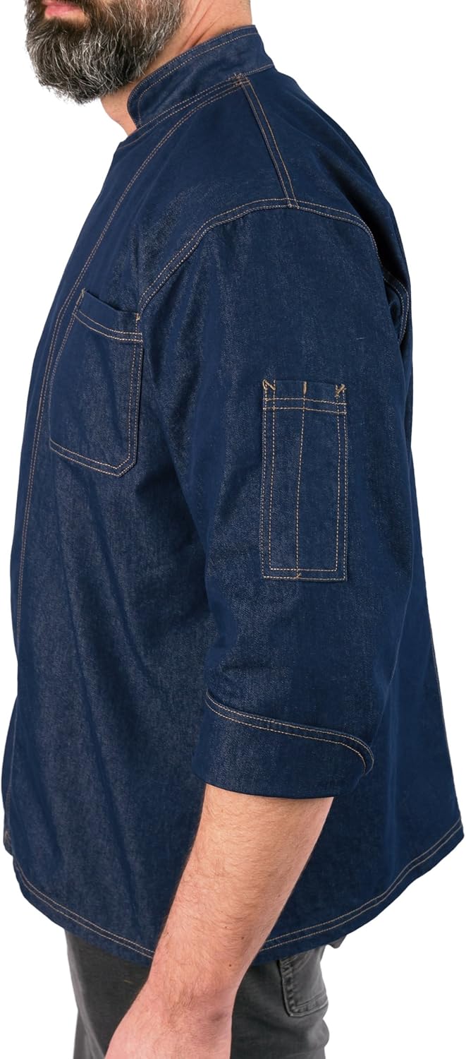 KNG Denim Snap Front Chef Coat - Blue, Unisex Adults - 3/4 Sleeve, Trench Coat - XXL
