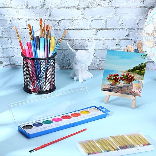 Miniatura 6 de Juego de 24 mini caballetes de lienzo que incluye 8 colores de pintura de acuarela a granel con lienzos y caballetes de 4 x 4 pulgadas, pintura de