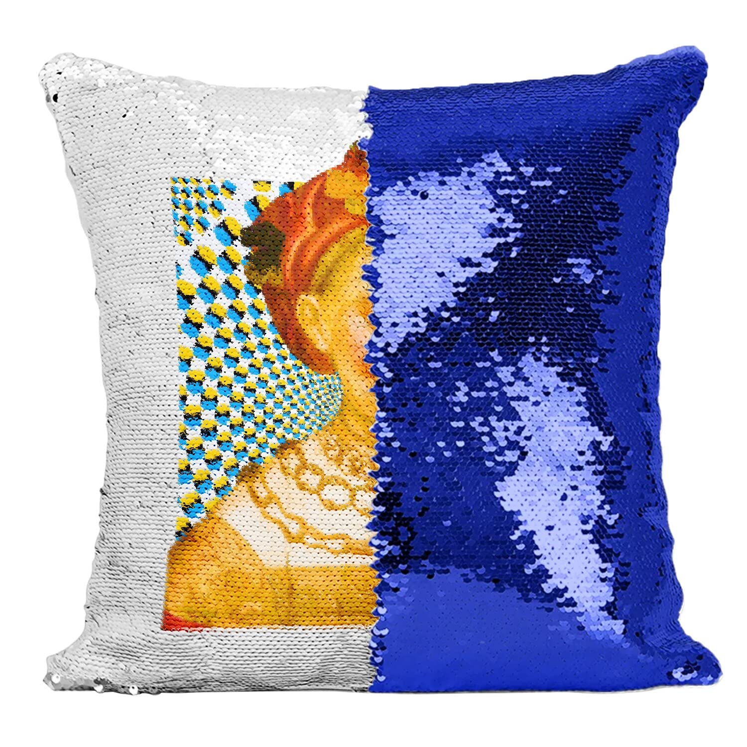Coussin Sequin Bleu Trippy Art déco avec motif de meme en peinture classique