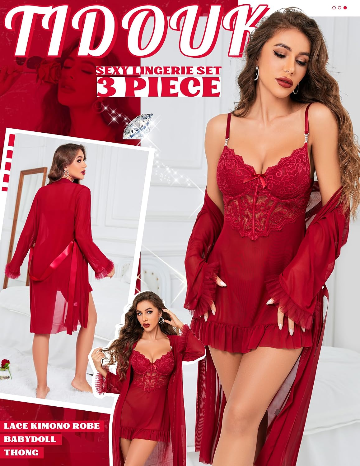 Women Sexy Lingerie Set, 3 Piece Babydoll with Mesh Kimono Robe & Lace Panty, Lace Trim Teddy Chemise Nightwear