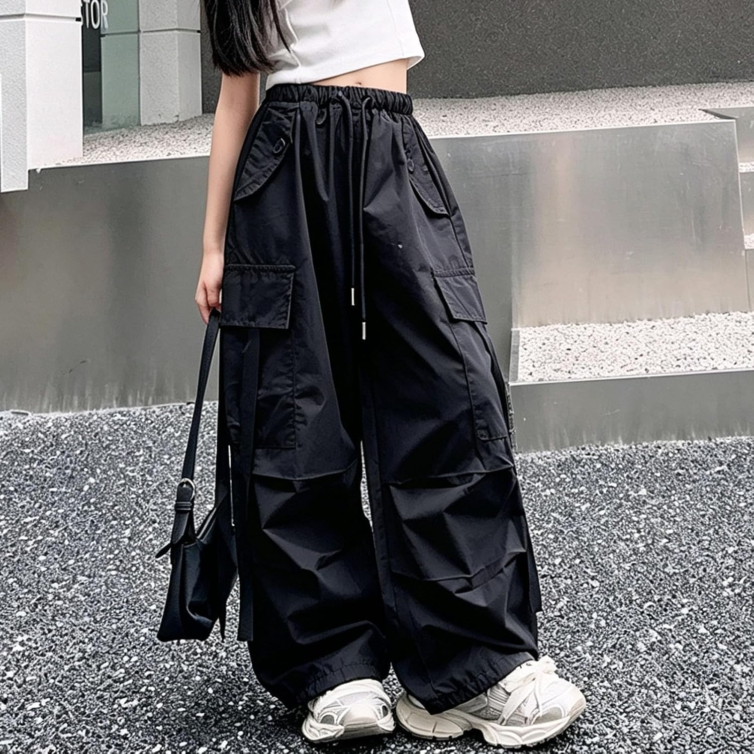 Teen Girls Cargo Pants Kids Baggy Wide Leg School Uniform Pant