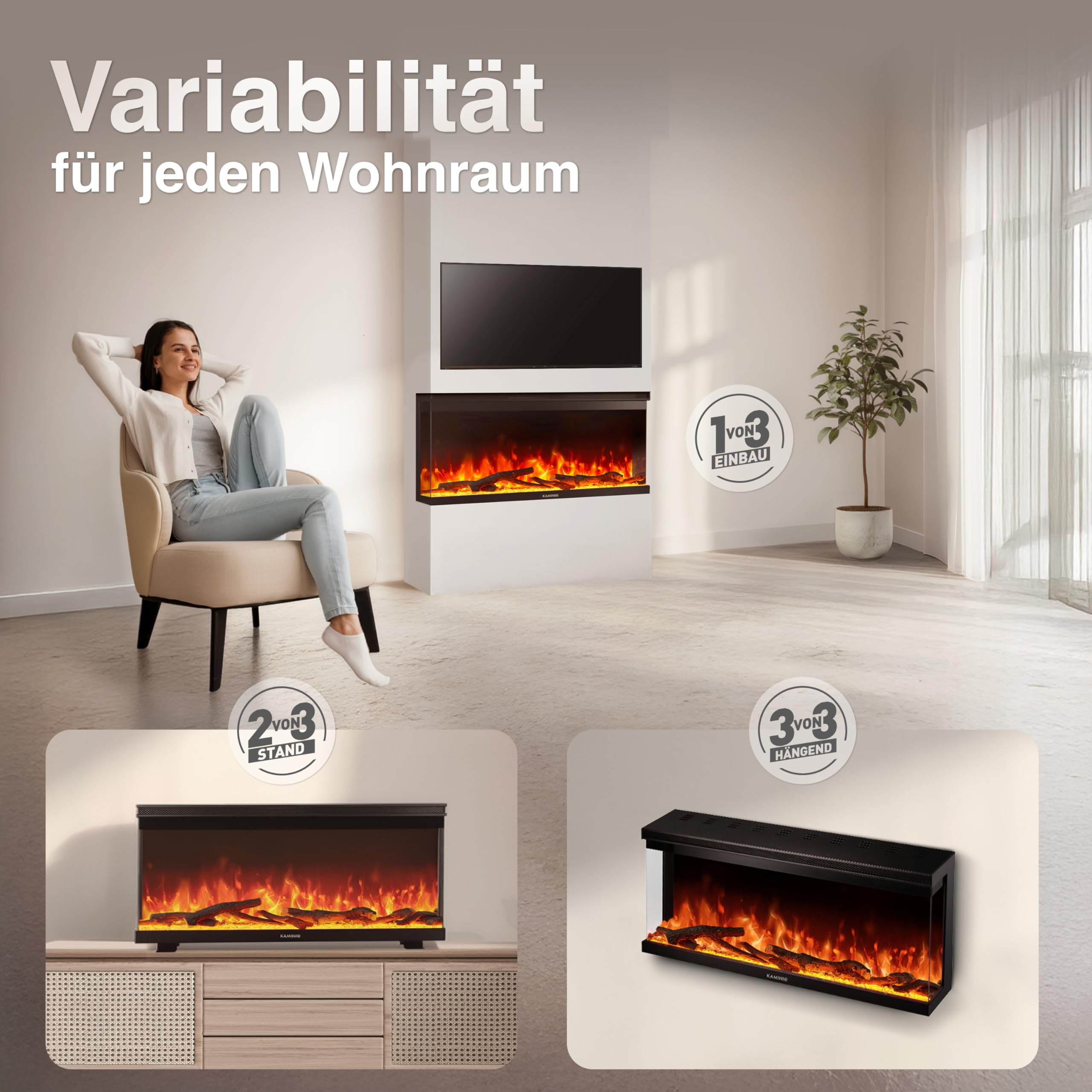 KAMINIO Elektrokamin LEA - Elektrischer 3-in-1 Kamin mit Panoramaview, Heizung, 3D-Flammeneffekt, 12 Flammenfarben, Fernbedienung (36 Zoll)