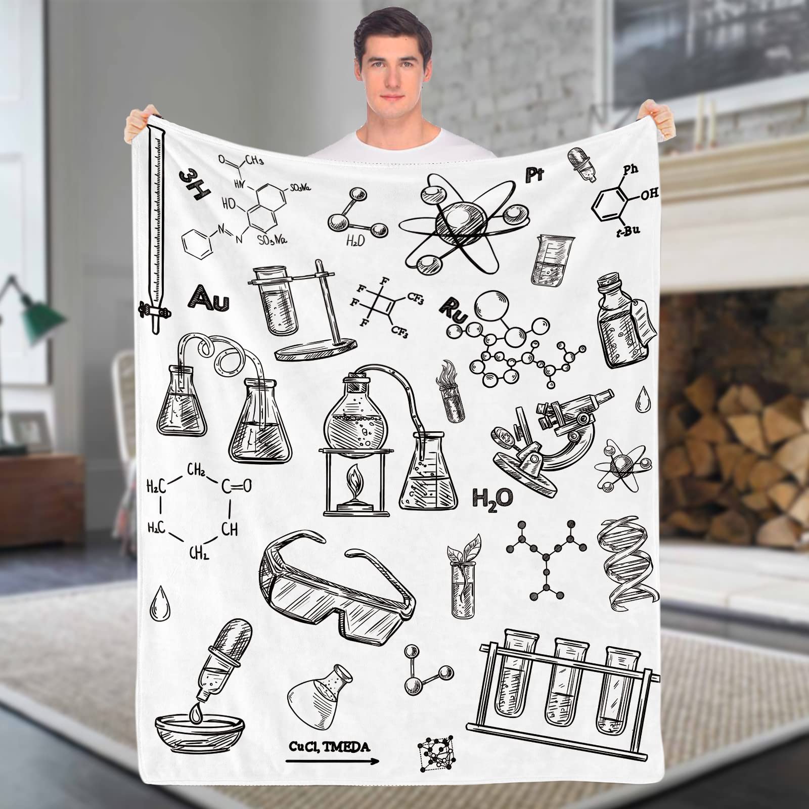 Domgoge Science Throw Blanket Cozy Soft Hand Drawn Style Chemistry Fleece Flannel Blankets Education Laboratory Illustration Formulas 130x152 cm