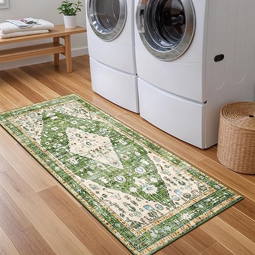 Miniatura 386 de Lahome Tapete tribal bohemio, pequeño, suave, antideslizante, lavable, de pelo corto, para piso en puerta, interior, entrada, baño, silla, Verde