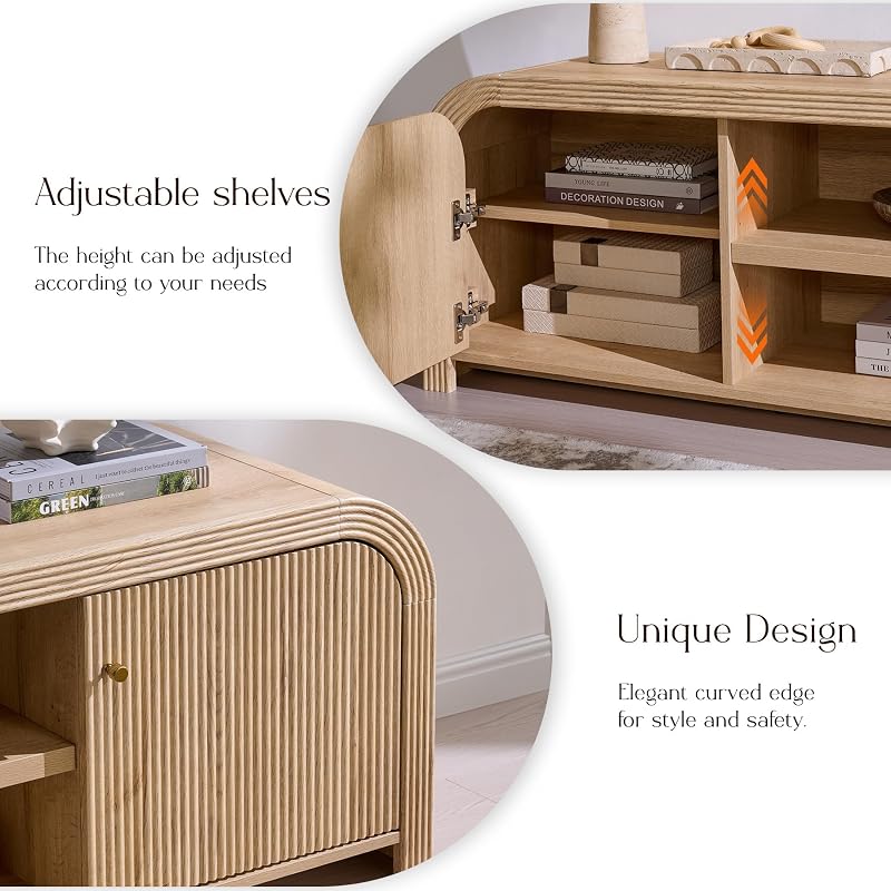 T4TREAM 70" Modern Fluted TV Stand with Storage, Natural Oak image 6