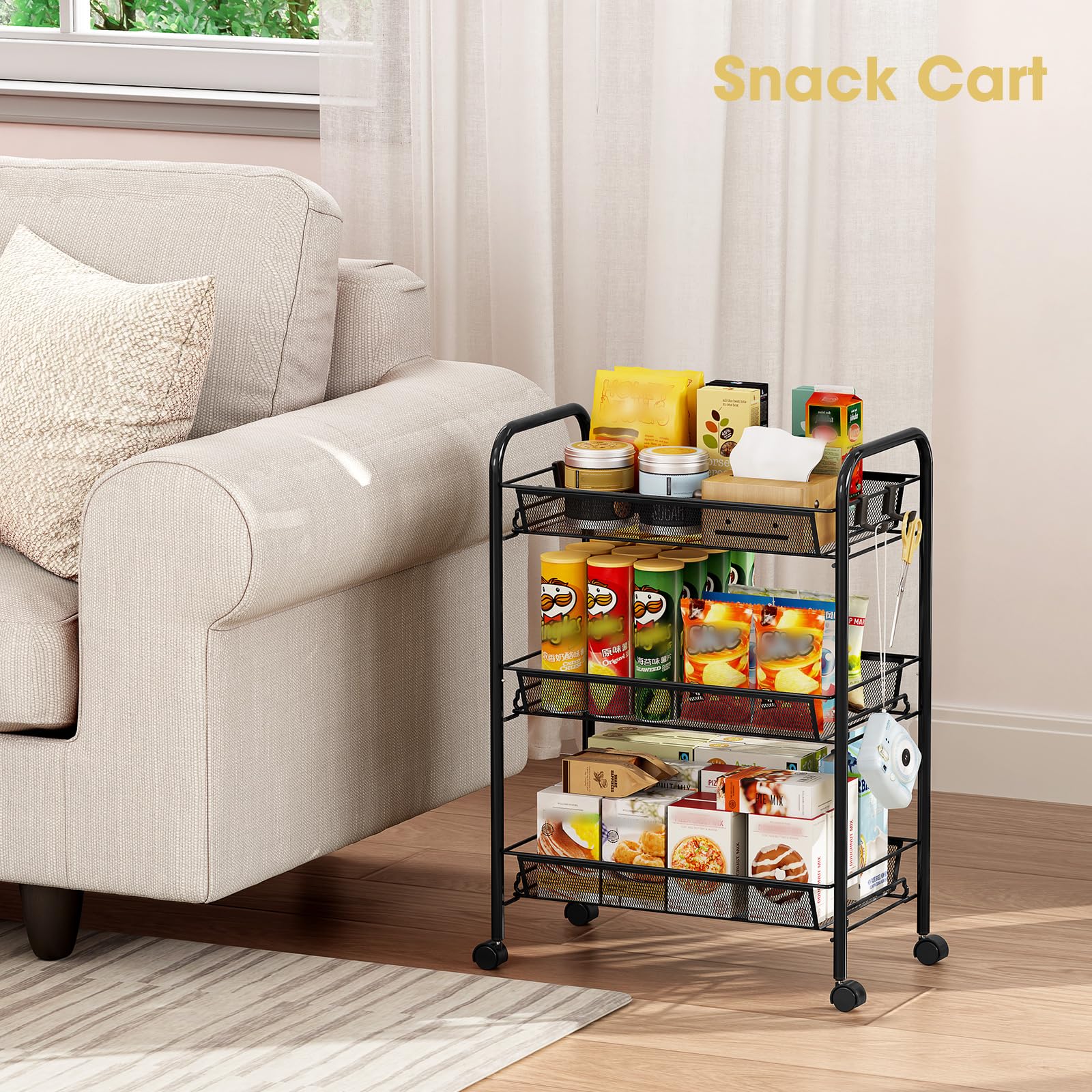 TOOLF Carrito rodante de metal de 3 niveles, alambre de malla fácil de montar, carrito de almacenamiento con ruedas con 3 ganchos, estantería de almacenamiento con ruedas para cocina, baño, lavandería