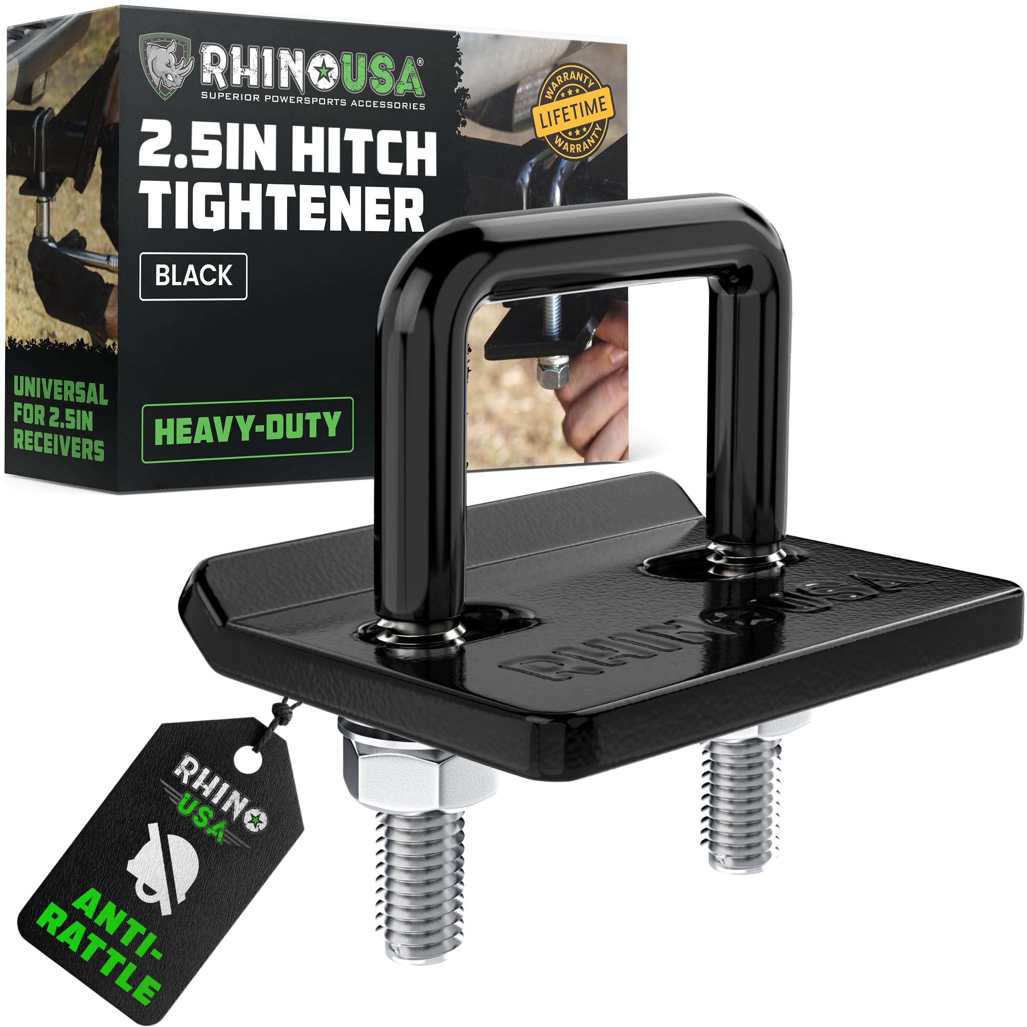 Hitch Tightener Anti Rattle Clamp (for 2.5 inch Hitches) Heavy Duty Steel Trailer Hitch Stabilizer - Weatherproof Protective Anti-Rust Silencer for Bike Rack, Hitch Receiver & More!