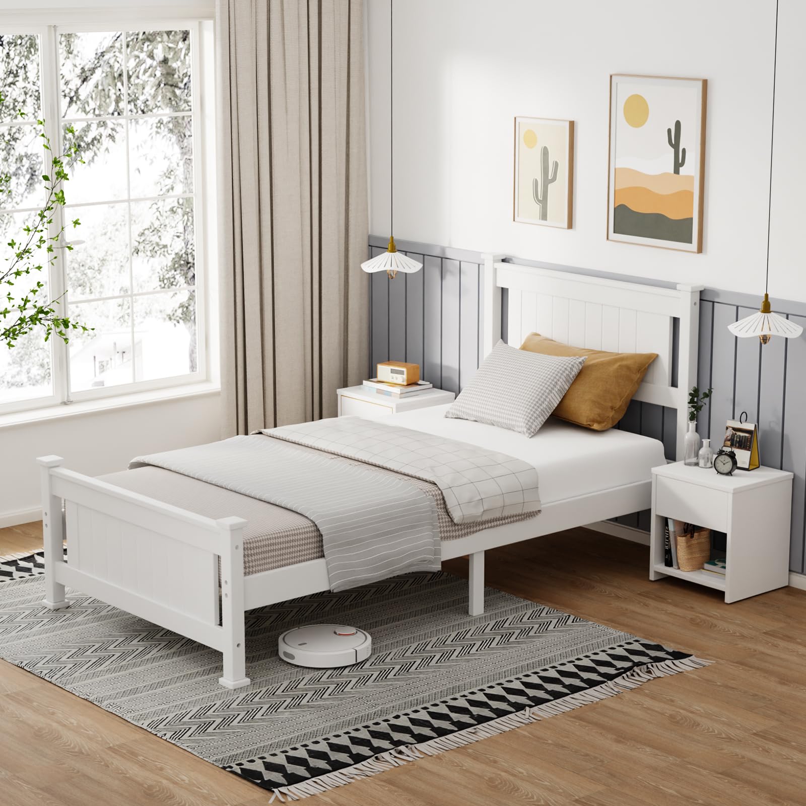 Bonnlo Solid Pine Wooden Single Bed Frame with Modern Headboard
