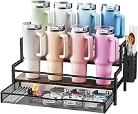Kssiaz 2-Tier Water Bottle Organizer for 8 Stanley 40oz Tumblers with Handle - Kitchen Storage for Owala Cups, Lids & Straws, Brown