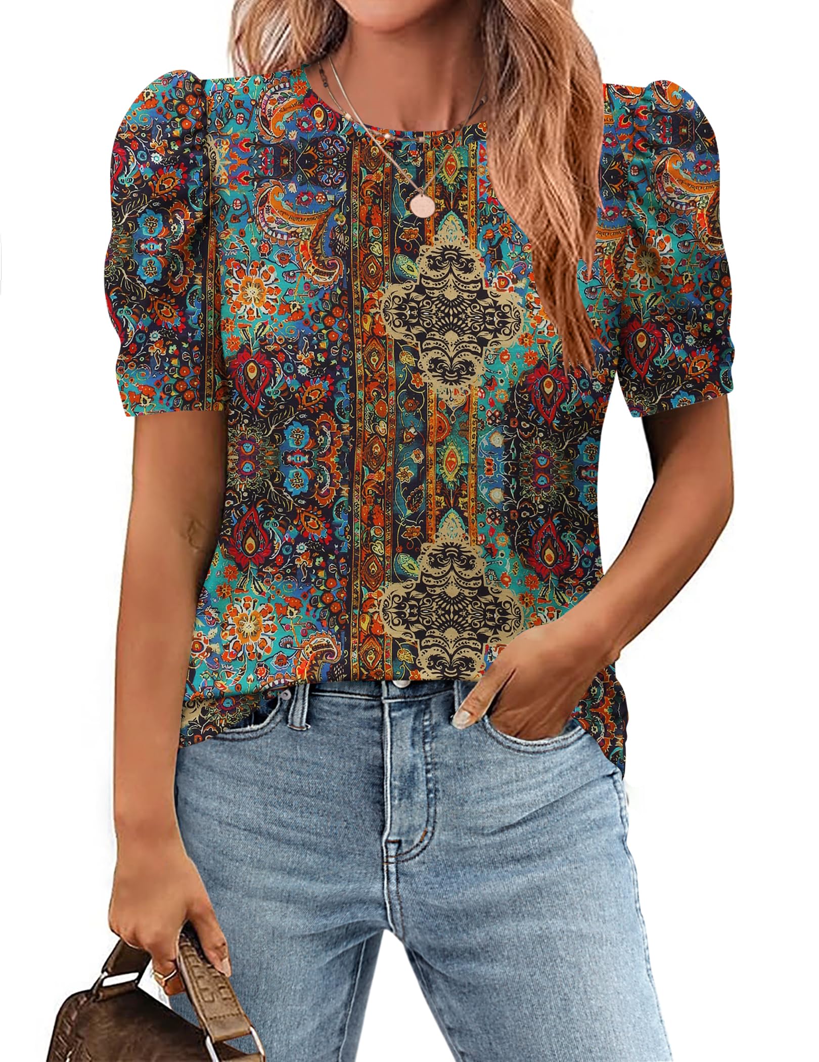 Zeagoo Blouse for Women Dressy Casual Puff Short Sleeve Boho Tops Fashion Floral Crew Neck Tunic Shirts Summer Clothes