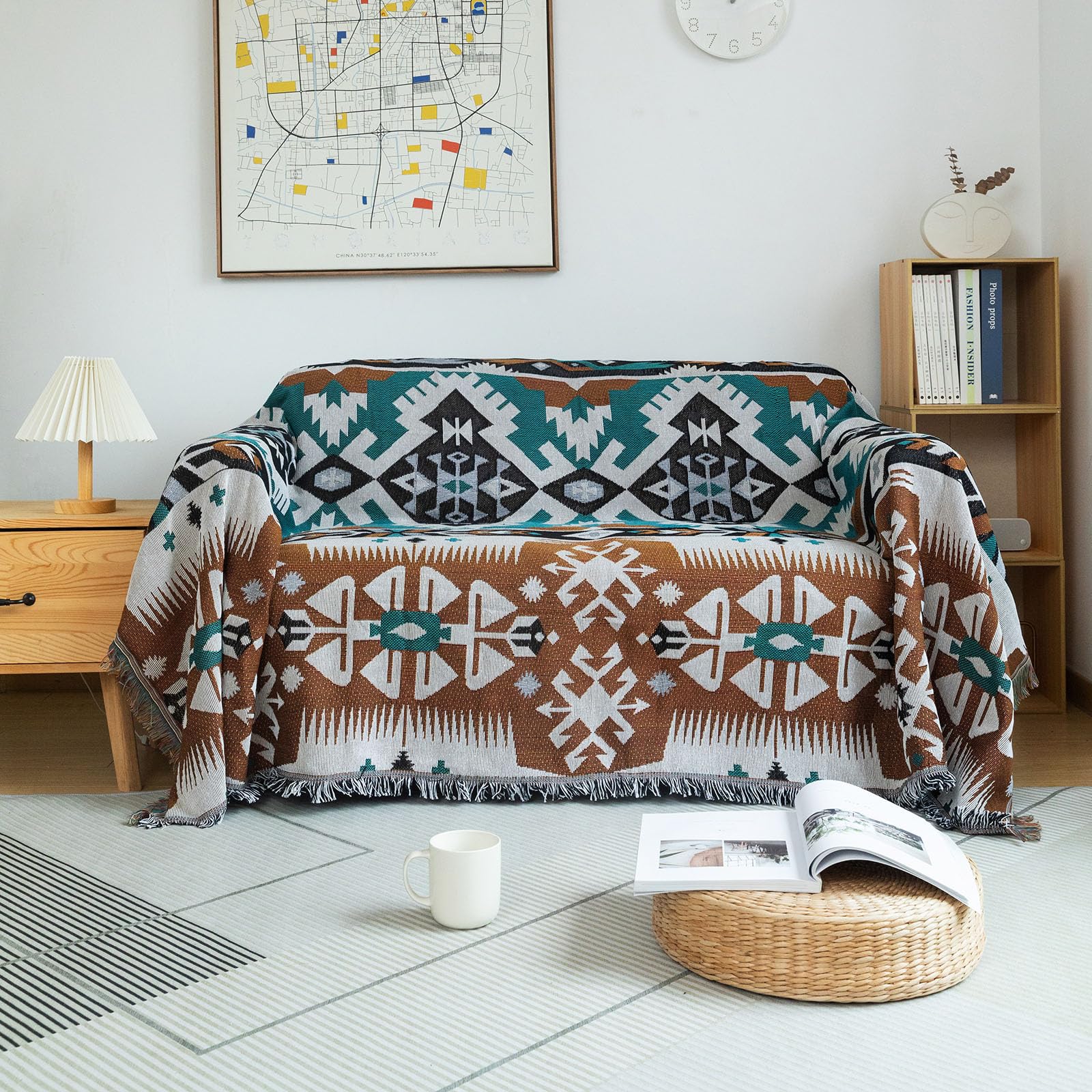 DREAMINGO Couch Cover Coffee Green Sofa Covers for 2 Cushion Couch Woven Jacquard Boho Couch Cover for Dog Geometric Sofa Slipcover Sectional Couch Protector Sofa Throw Blanket (Large,71"x118") — image 1