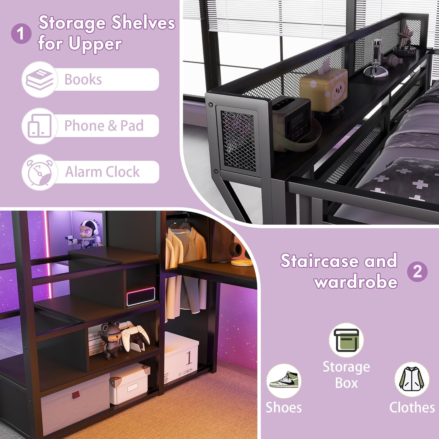 Queen Size Loft Bed with Desk & LED Lights, High Loft Bed Frame with Stairs & Storage, Tall Lofted Bed for Teens, Boys & Girls, No Box Spring Needed (All Black)