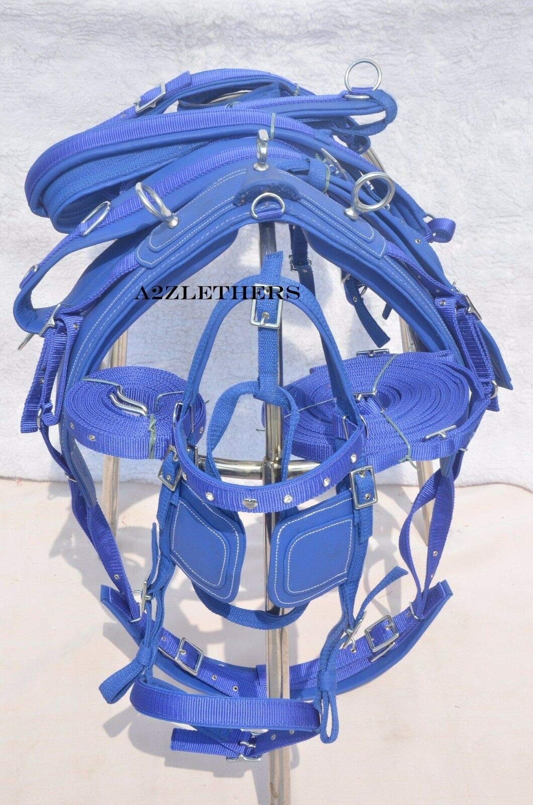 Leather Ride Synthetic Driving Harness for Single Horse with Diamonte Browband Bridle (Blue)
